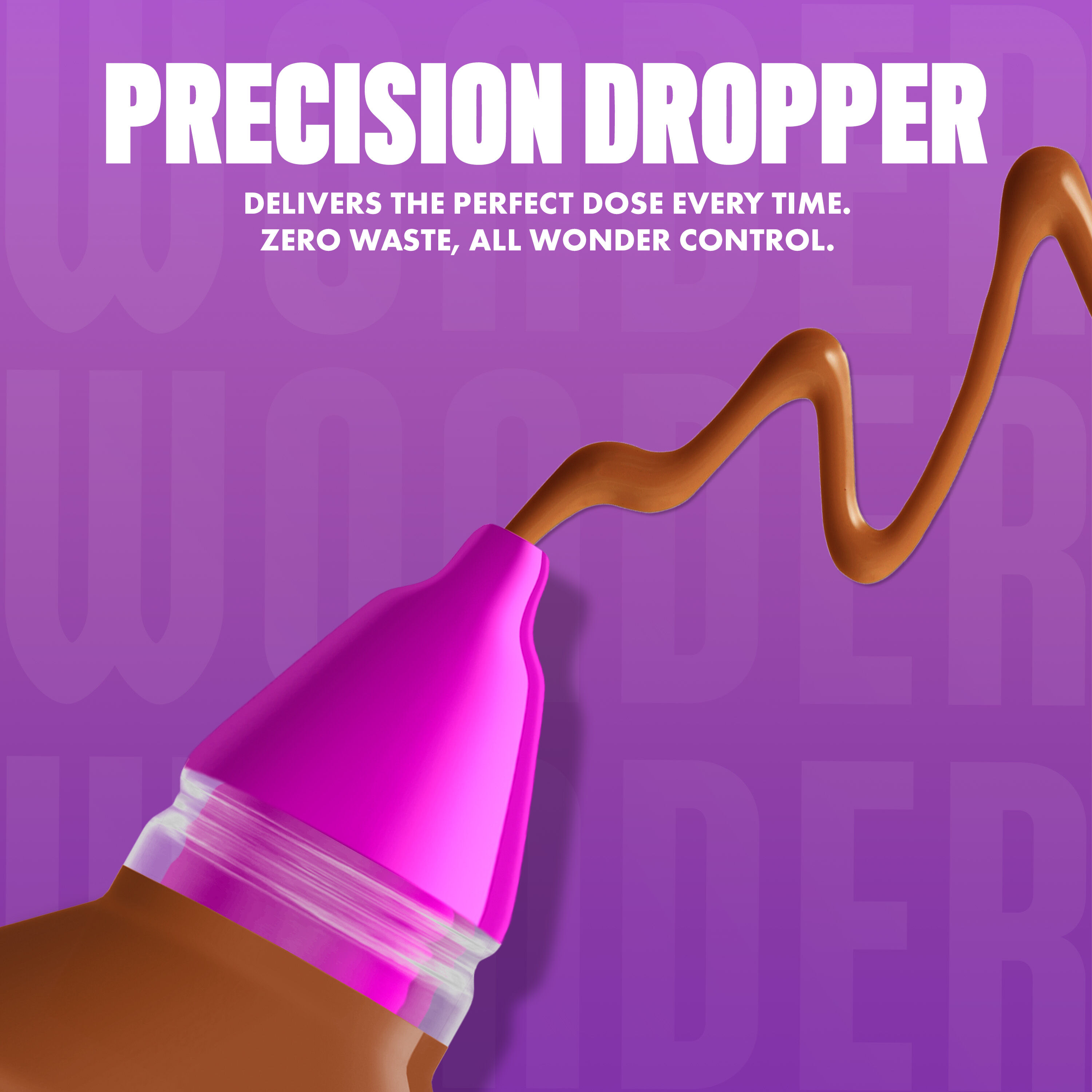 NYX Make ’Em Wonder Foundation in shade 36 Warm Rich releasing a smooth, warm rich brown foundation with text overlay “Precision Dropper.”