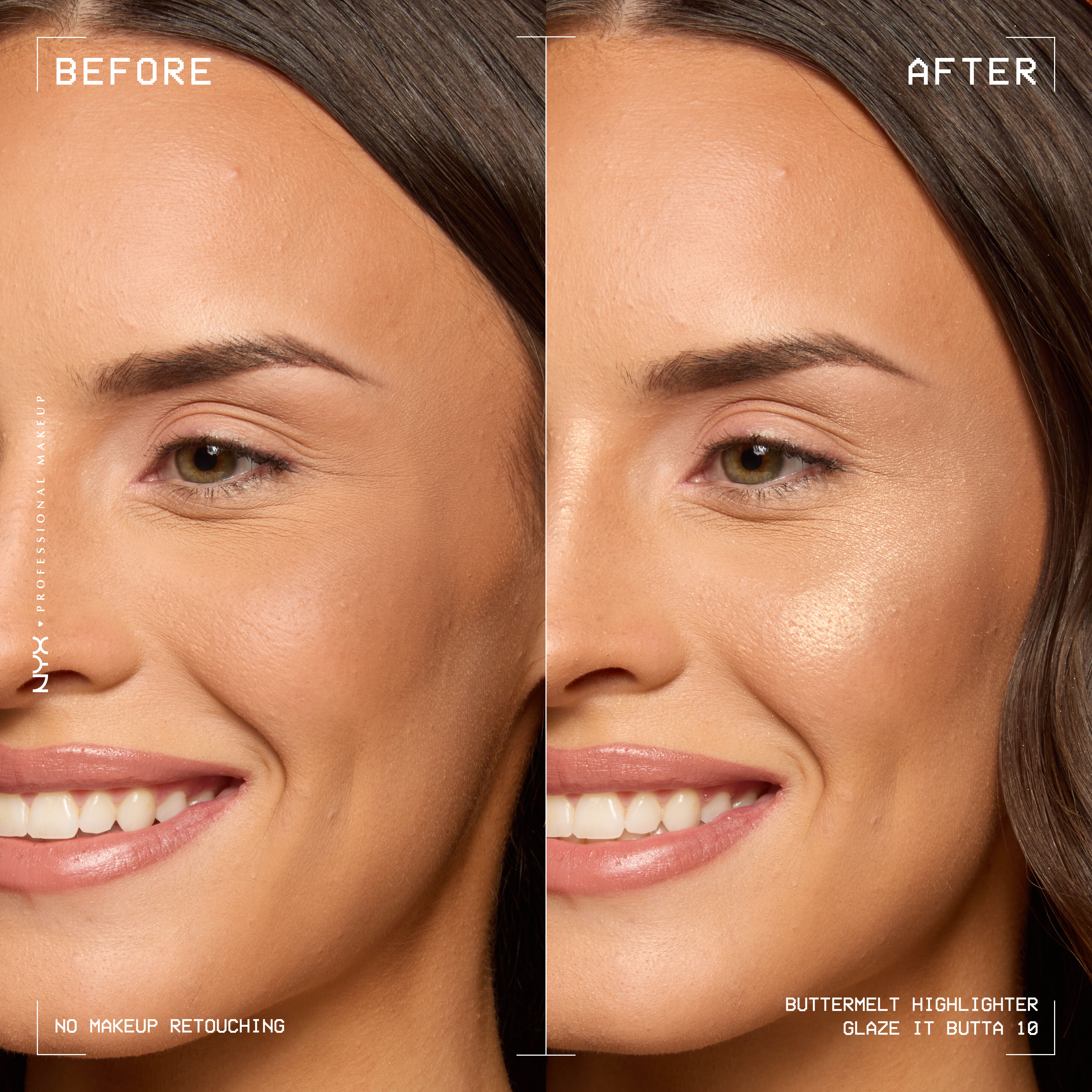 Buttermelt Highlighter in shade Glaze It Butta before and after on a model