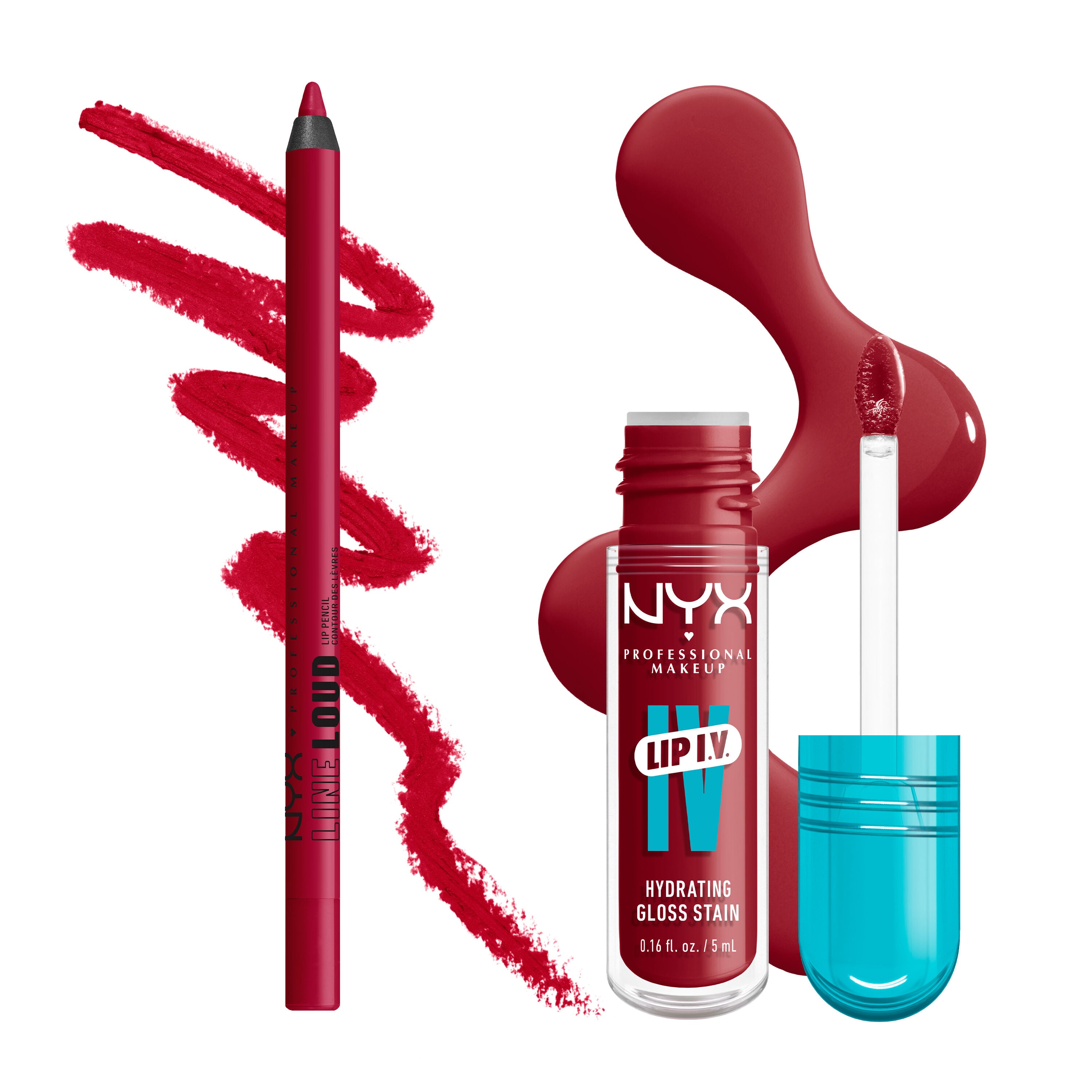 NYX Professional Makeup Line Loud Lip Liner in 12 On A Mission and Lip I.V. Hydrating Lip Gloss Stain shown with matching lip swatches on a white background.