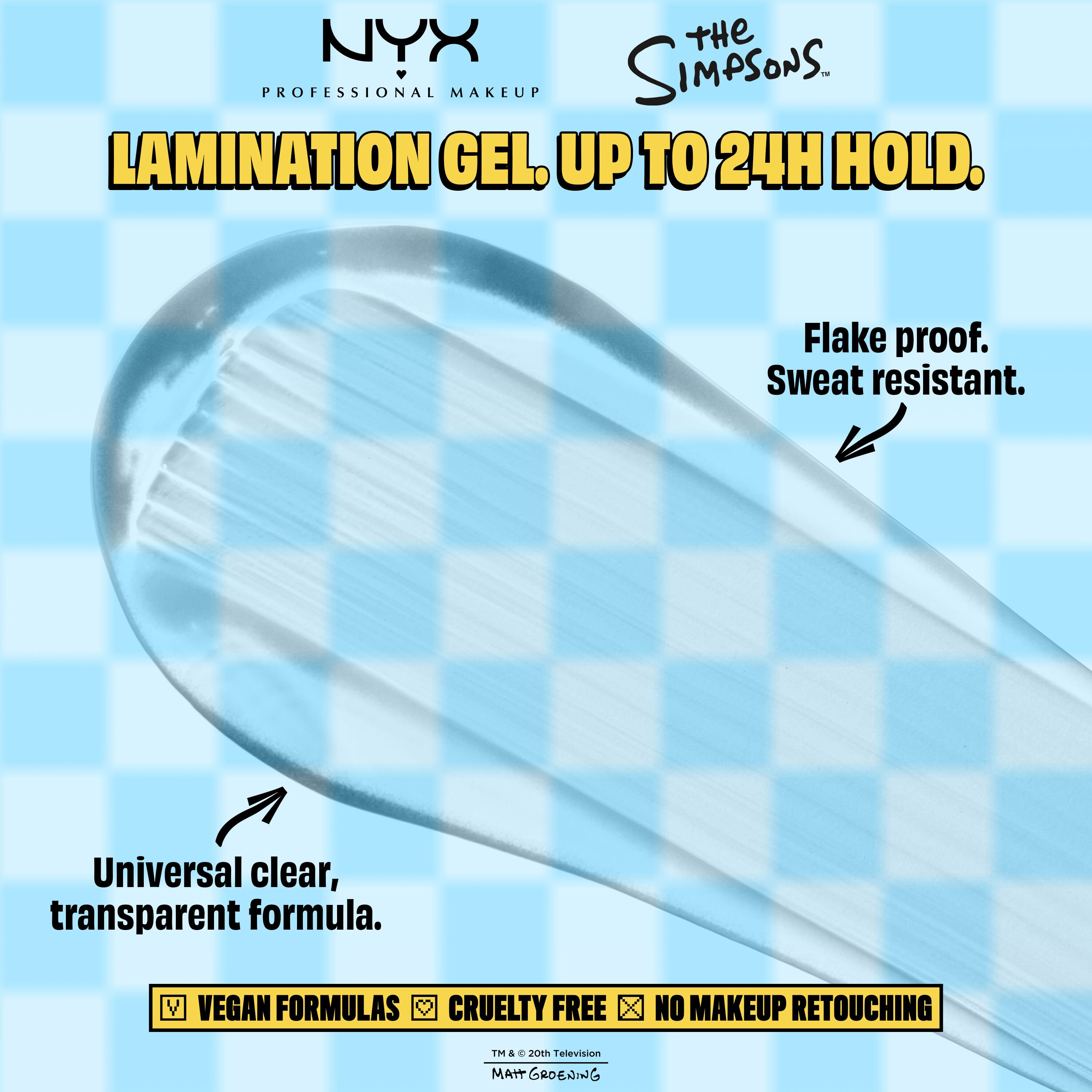 NYX Professional Makeup The Simpsons Mega Glue benefit image showing clear swatch and product claims on a blue checkered background.