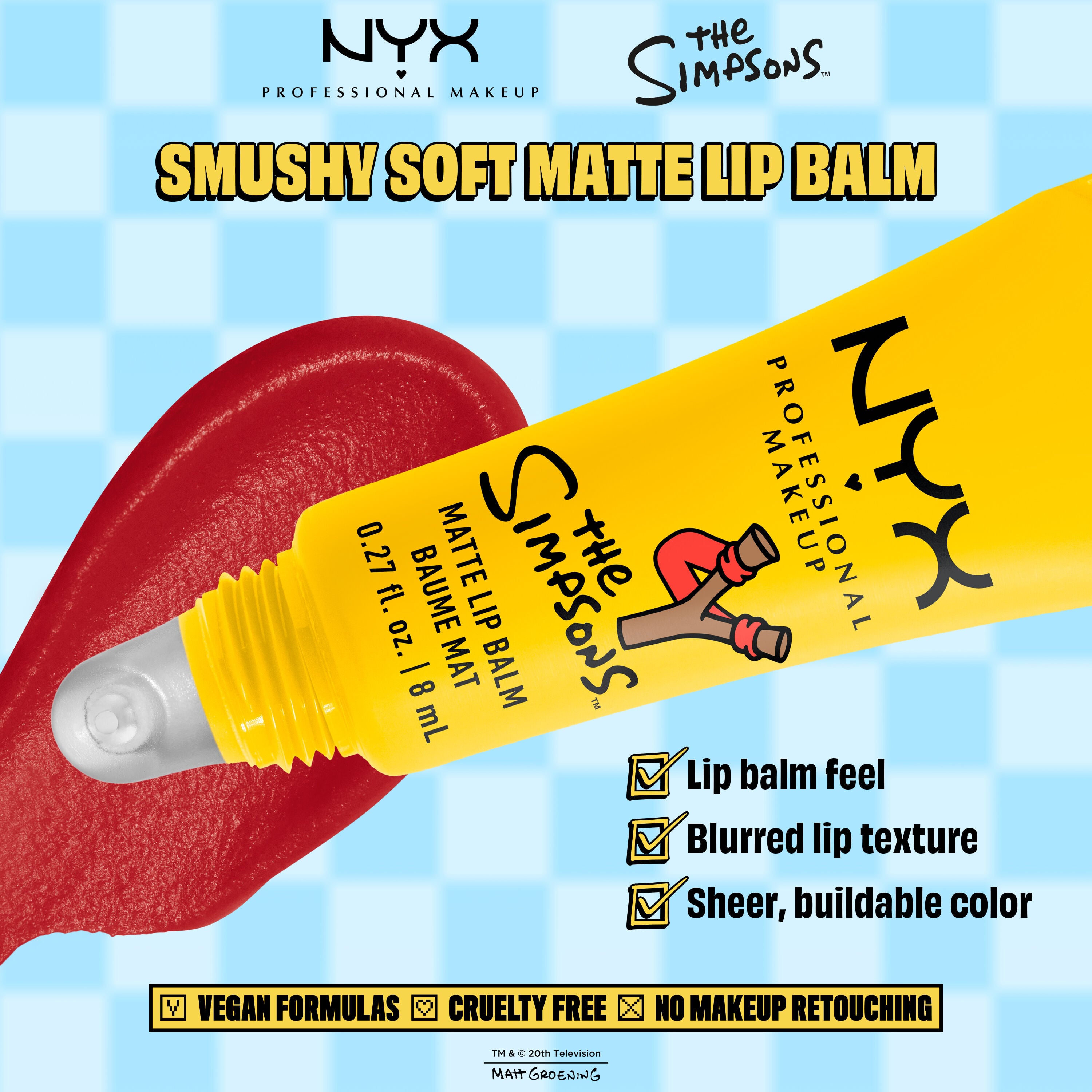 NYX Professional Makeup The Simpsons Smushy Matte Lip Balm packshot with product benefits text and red swatch on a blue background in shade 02 Rebel Red