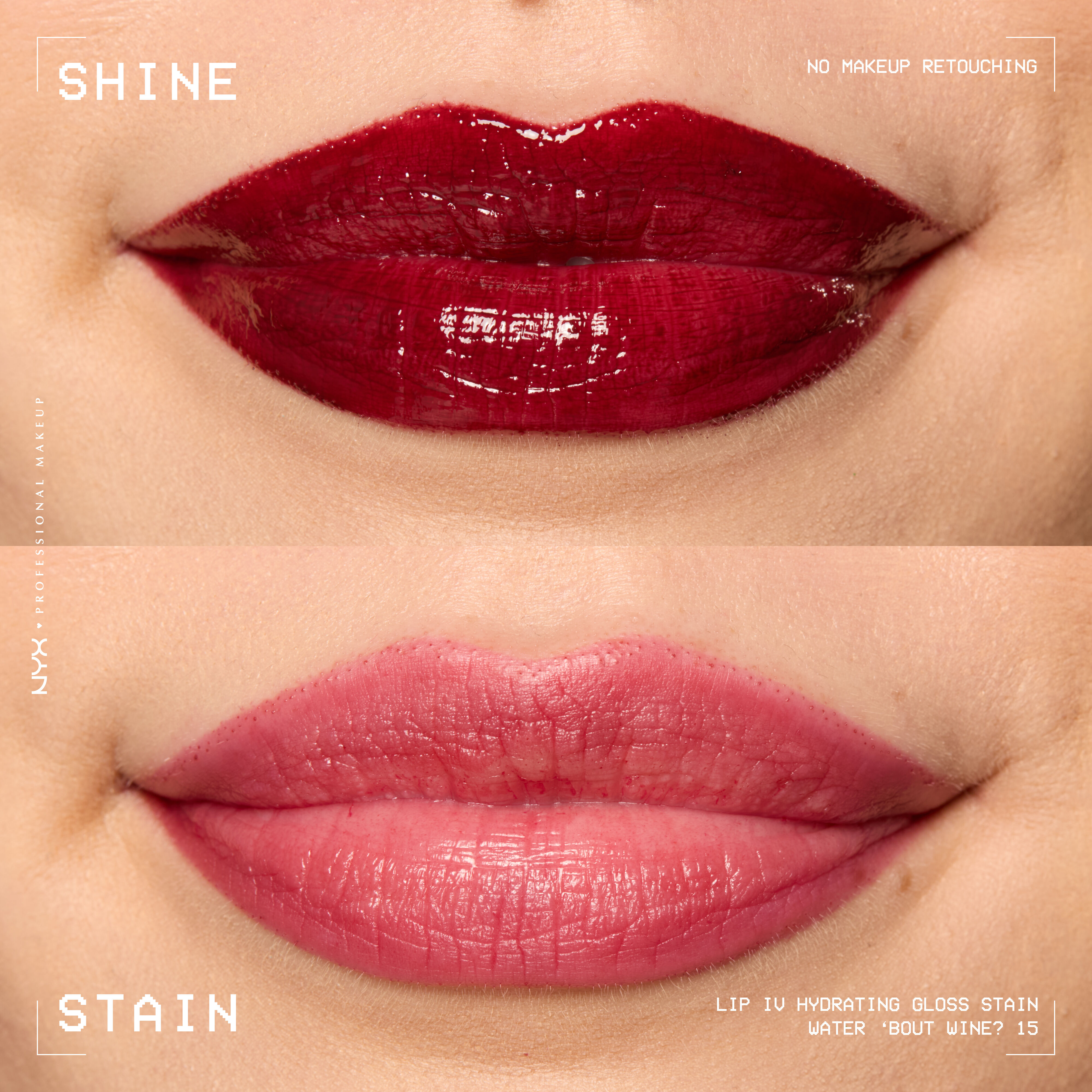 comparison of lips when glossy from Lip I.V. Hydrating Lip Stain vs after staining labeled “Shine” and “Stain”