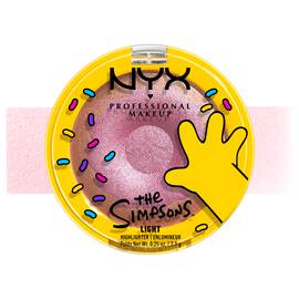 NYX Professional Makeup The Simpsons highlighter packshot with pink swatch and yellow donut-themed packaging on a white background in shade 01 Donut mind if I do