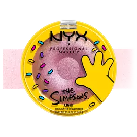 NYX Professional Makeup The Simpsons highlighter packshot with pink swatch and yellow donut-themed packaging on a white background in shade 01 Donut mind if I do