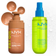 Two NYX Professional Makeup Coconut Cutie products on a light background with bronze and clear liquid droplets: Fat Oil body oil in a tan pump bottle and hair & body fragrance mist in a neon green spray bottle with blue pump.