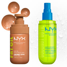 Two NYX Professional Makeup Coconut Cutie products on a light background with bronze and clear liquid droplets: Fat Oil body oil in a tan pump bottle and hair & body fragrance mist in a neon green spray bottle with blue pump.