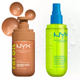 Two NYX Professional Makeup Coconut Cutie products on a light background with bronze and clear liquid droplets: Fat Oil body oil in a tan pump bottle and hair & body fragrance mist in a neon green spray bottle with blue pump.