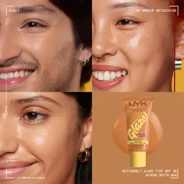 closeups of three models wearing Buttermelt Glaze Skin Tint with SPF 30 with bottle
