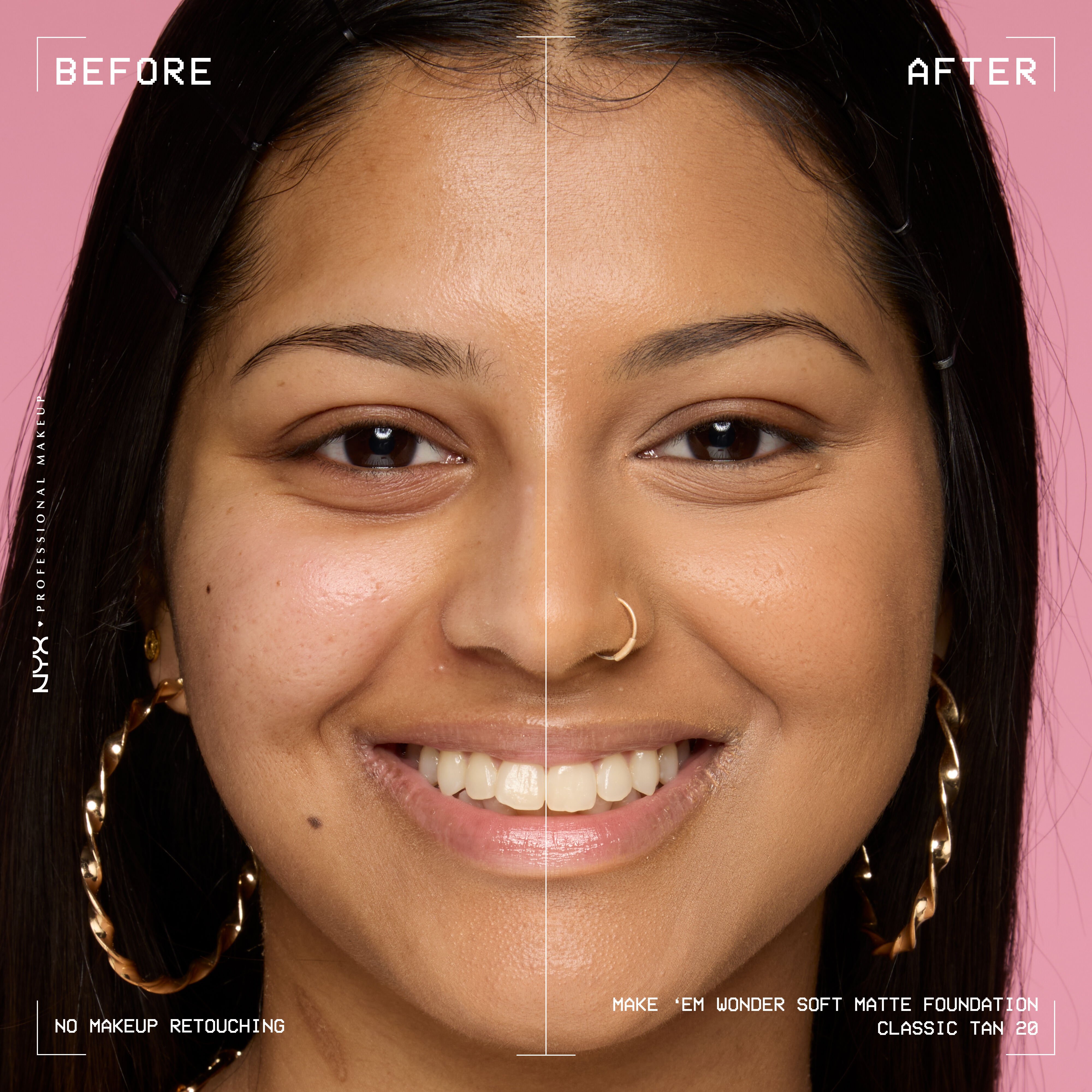 Before-and-after model wearing NYX Make ’Em Wonder Foundation shade 20 Classic Tan, text overlay “Before / After.”