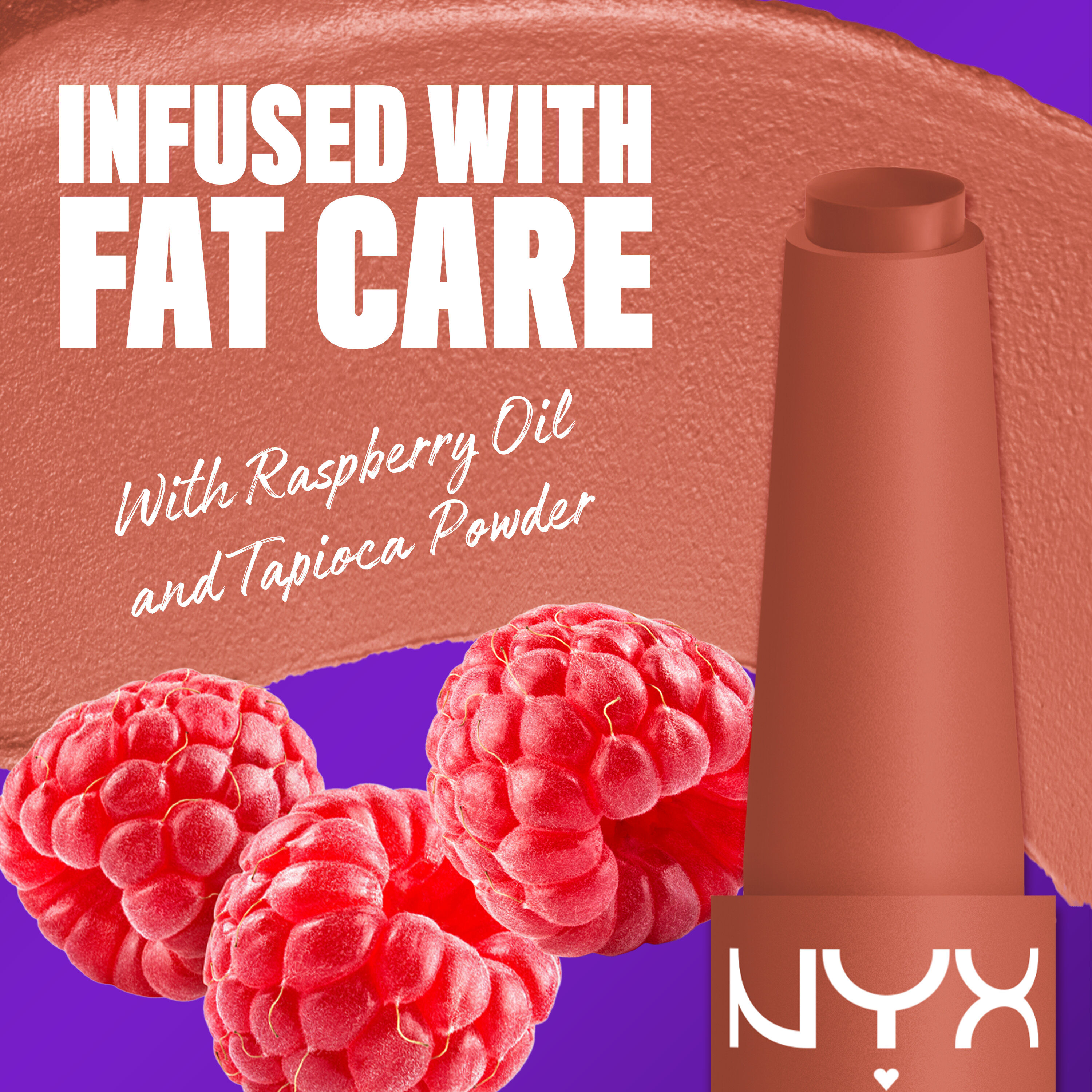NYX Professional Makeup Fat Matte Smooth Color Lipstick infused with raspberry oil and tapioca powder for soft, smooth creamy matte lip color.