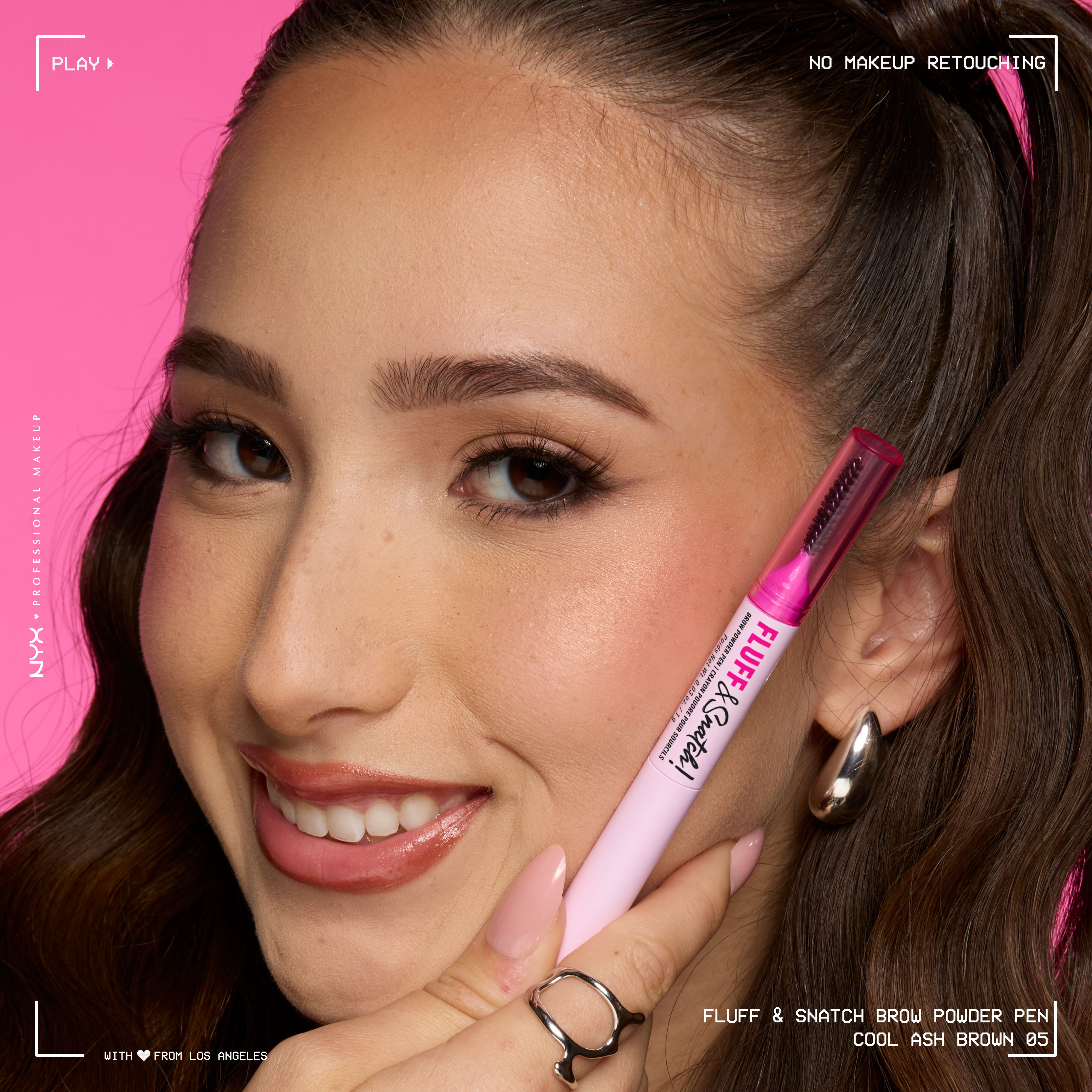 Model beauty visual wearing and holding NYX Professional Makeup Fluff and Snatch Brow Powder Pen in shade 05 Cool Ash Brown