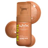 NYX Professional Makeup Coconut Cutie Body Oil - bottle packshot with tinted oil droplets on white background.