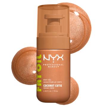 NYX Professional Makeup Coconut Cutie Body Oil - bottle packshot with tinted oil droplets on white background.