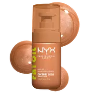 NYX Professional Makeup Coconut Cutie Body Oil - bottle packshot with tinted oil droplets on white background.