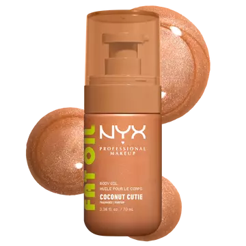 NYX Professional Makeup Coconut Cutie Body Oil - bottle packshot with tinted oil droplets on white background.
