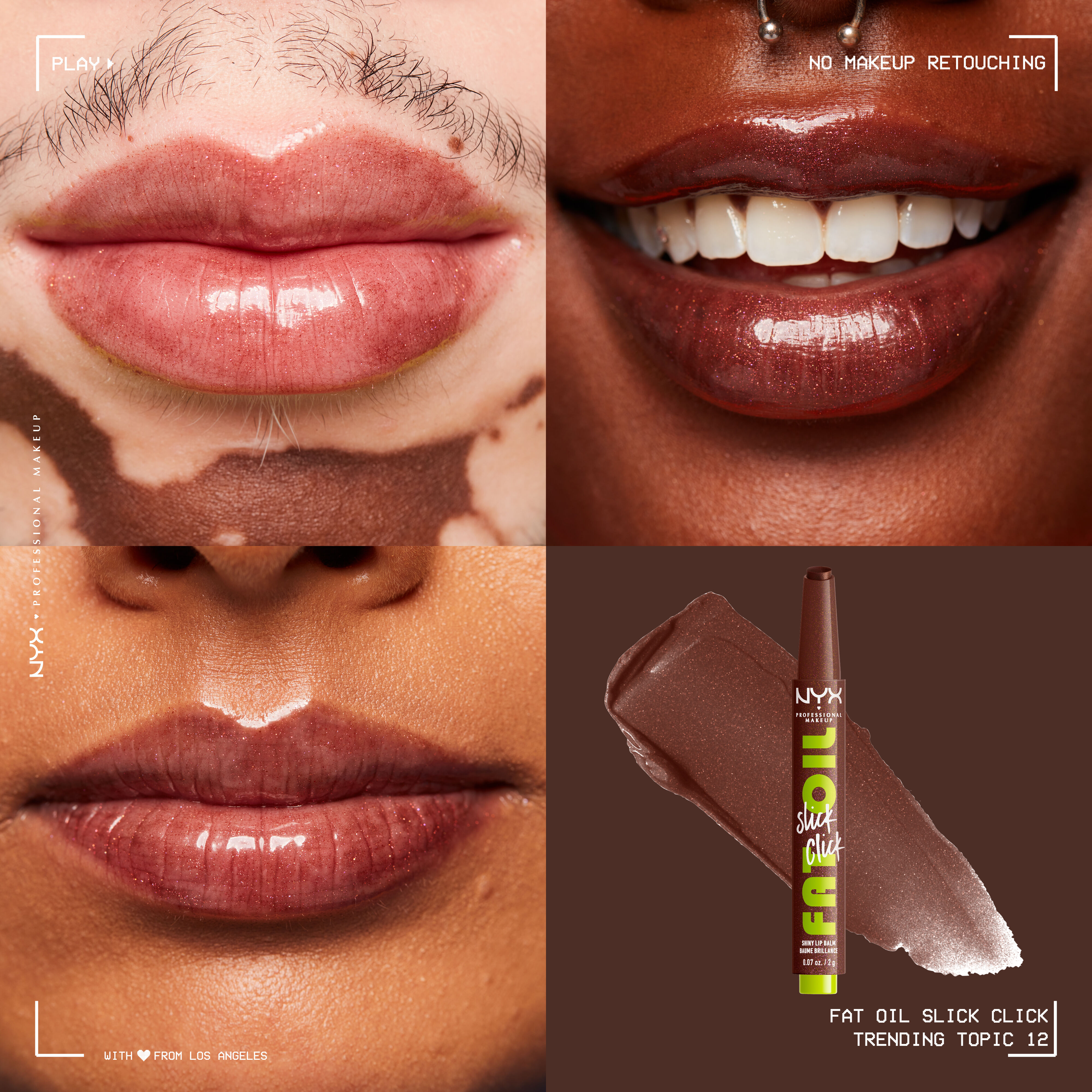 Fat Oil Slick Click in shade Trending Topic on three different skin tones