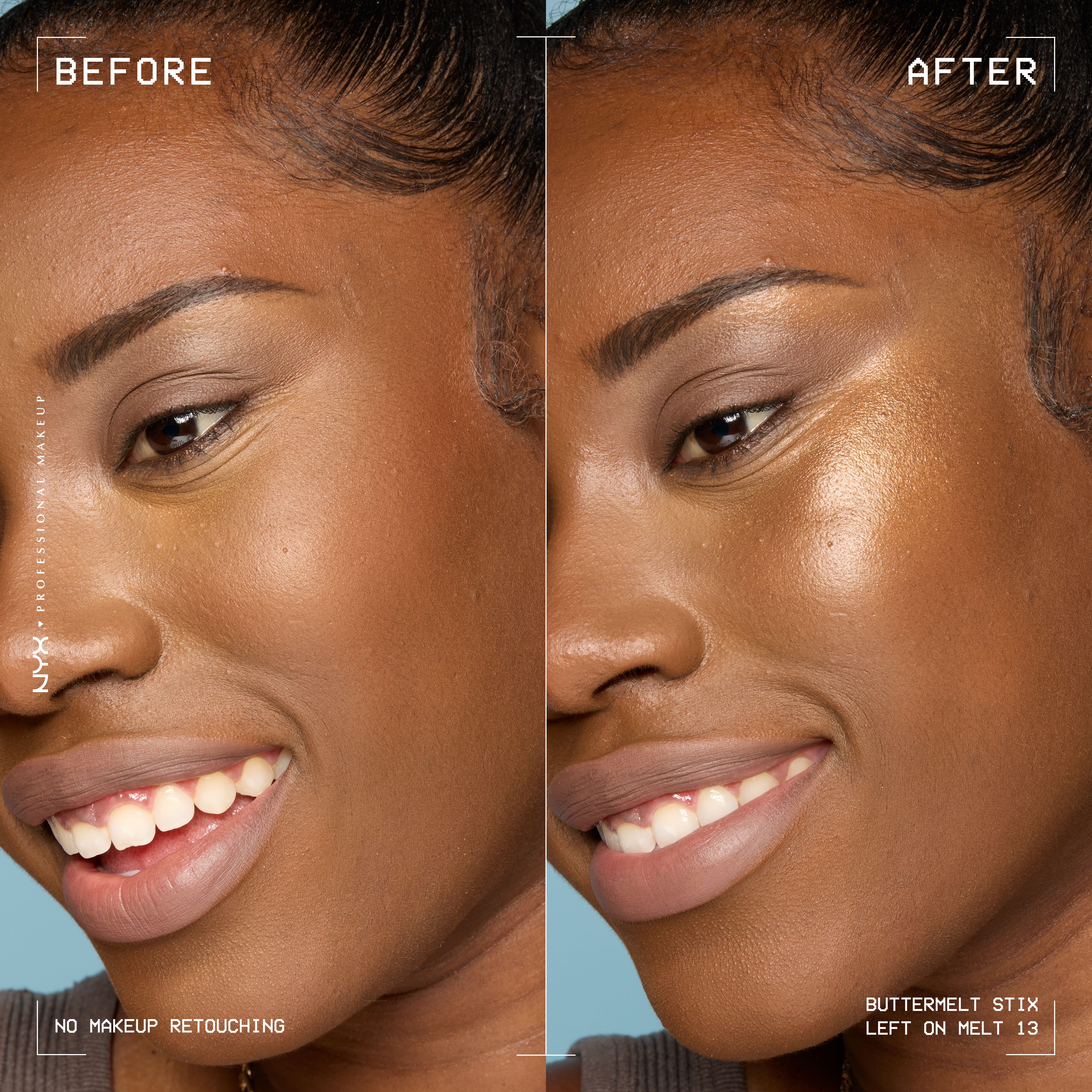 Before and after of model wearing NYX Buttermelt Stix Left on Melt 13 showing radiant copper glow