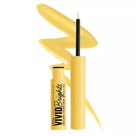 Vivid Brights Colored Liquid Eyeliner bottle on white background and eyeliner squiggle
