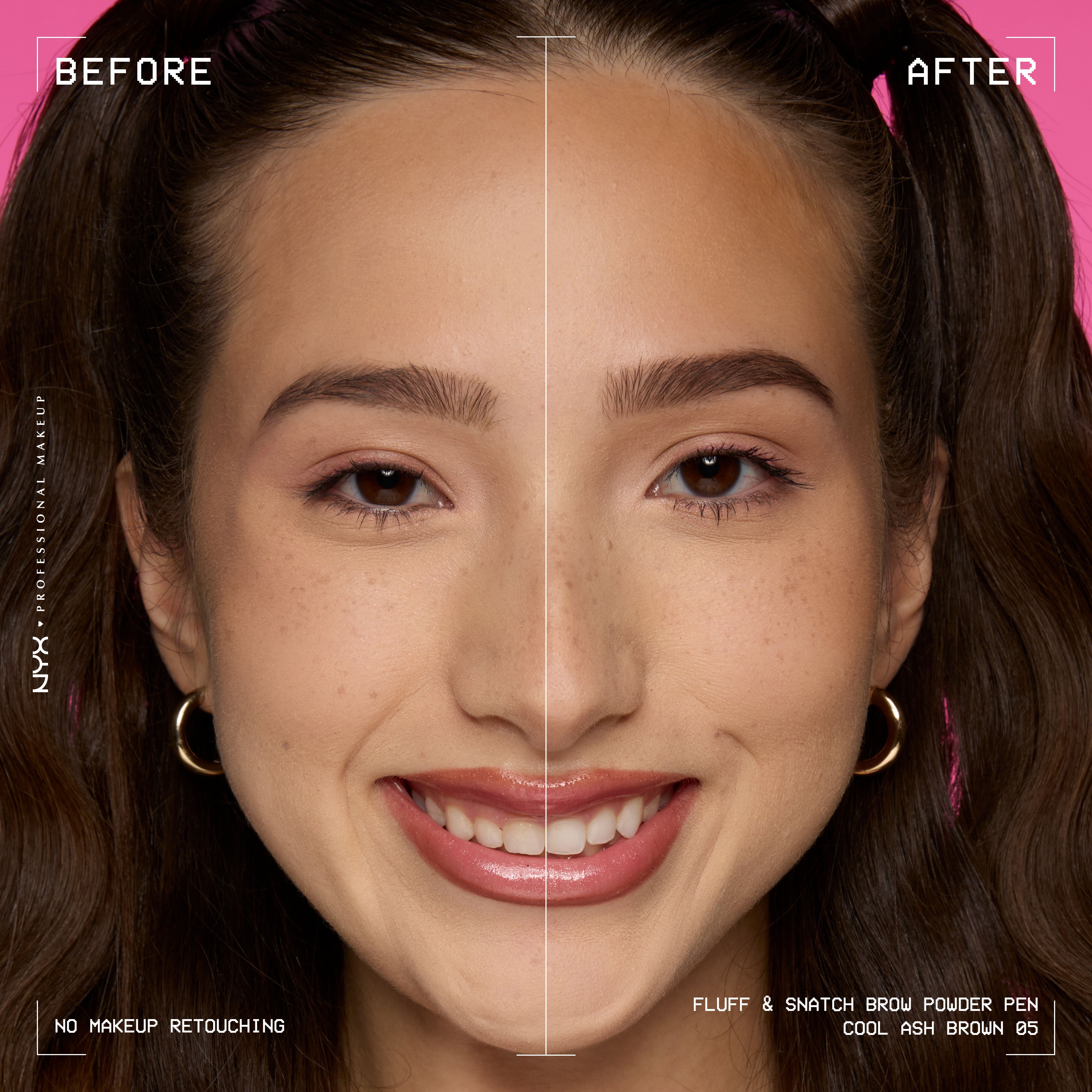 Model shown before and after using NYX Fluff and Snatch Brow Powder Pen against a pink background in shade 05 Cool Ash Brown