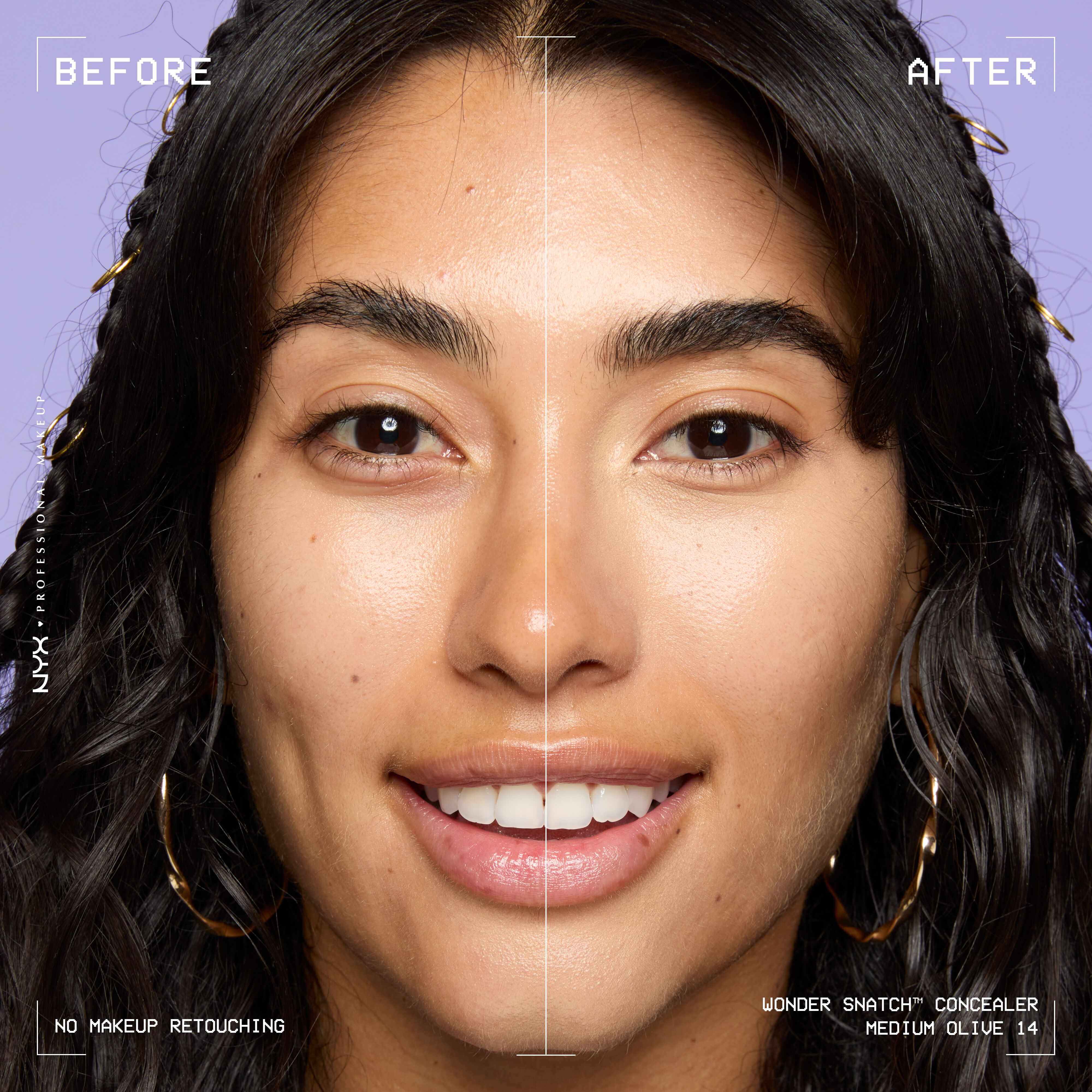 Before-and-after comparison of model wearing Wonder Snatch(TM) Concealer, showing brighter under-eyes and smoother-looking skin.