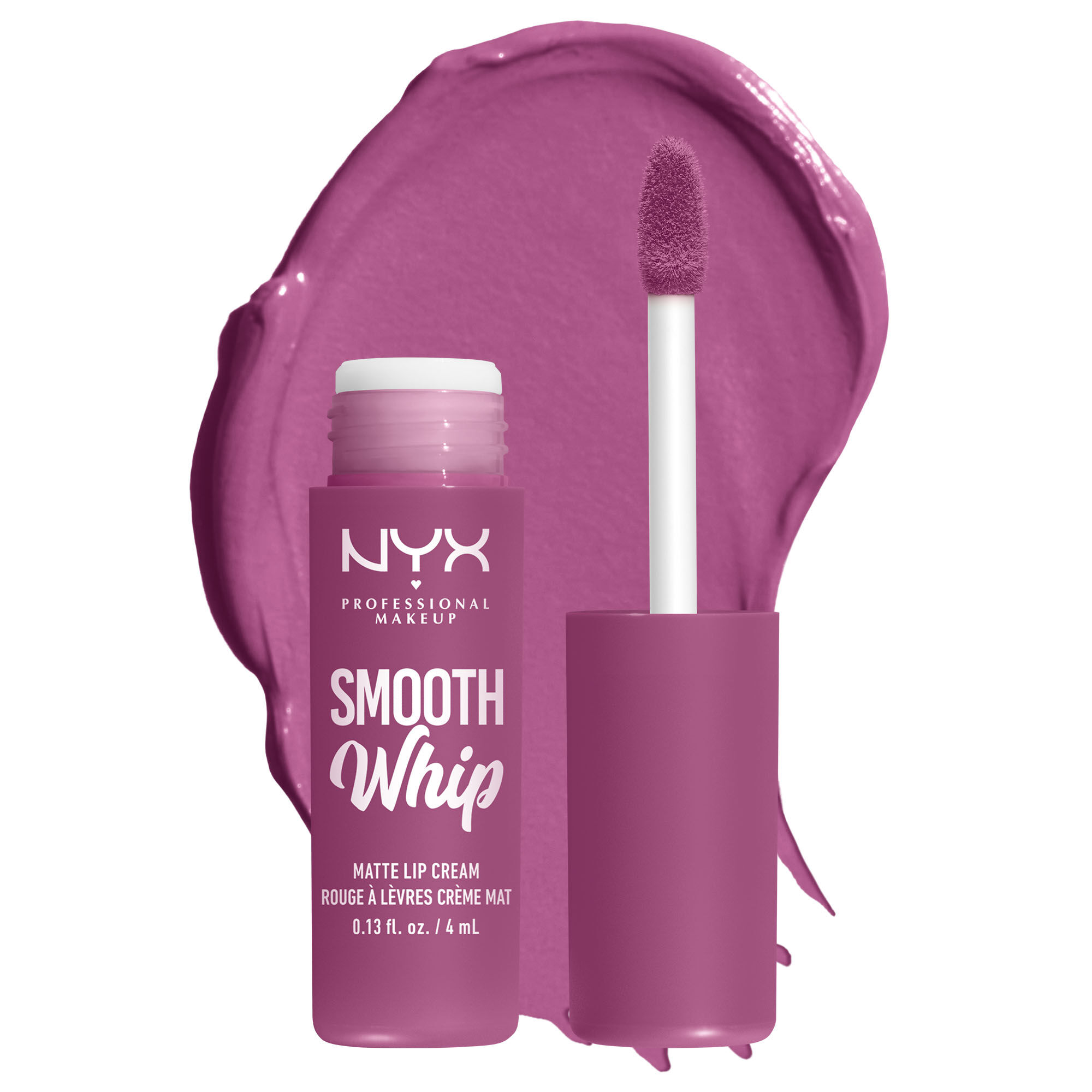 Smooth Whip Matte Lip Cream open tube on white background & dark green blue lip cream smear