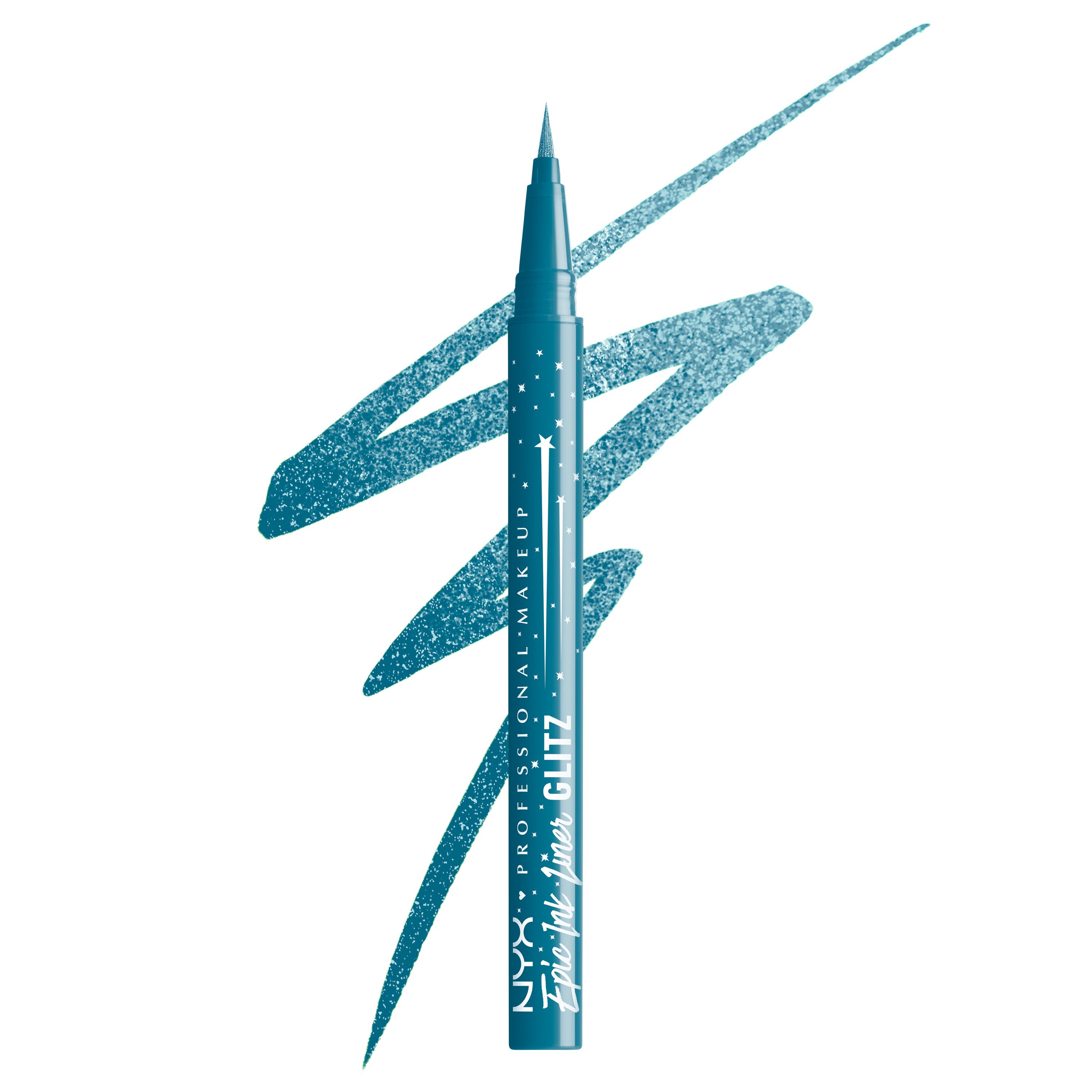 Epic Ink Waterproof Liquid Eyeliner packshot in shade Tapered Twinkle with shimmer teal blue squiggle in the background