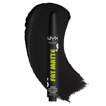 NYX Professional Makeup Party Animals Fat Matte Smooth Color Lipstick in Fatal Pout, shown with a deep black matte lipstick swatch.