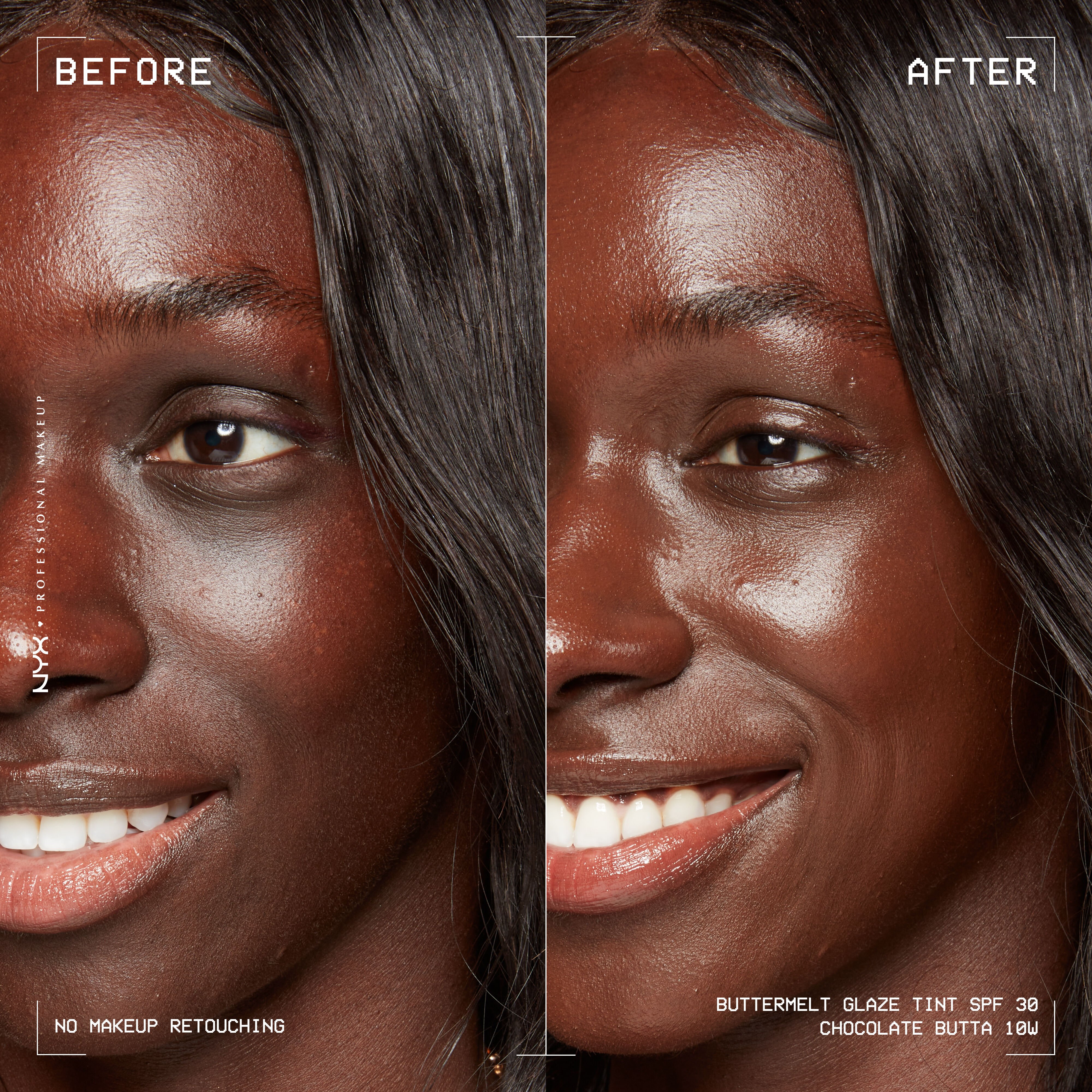 before and after images of person wearing Buttermelt Glaze Skin Tint with SPF 30
