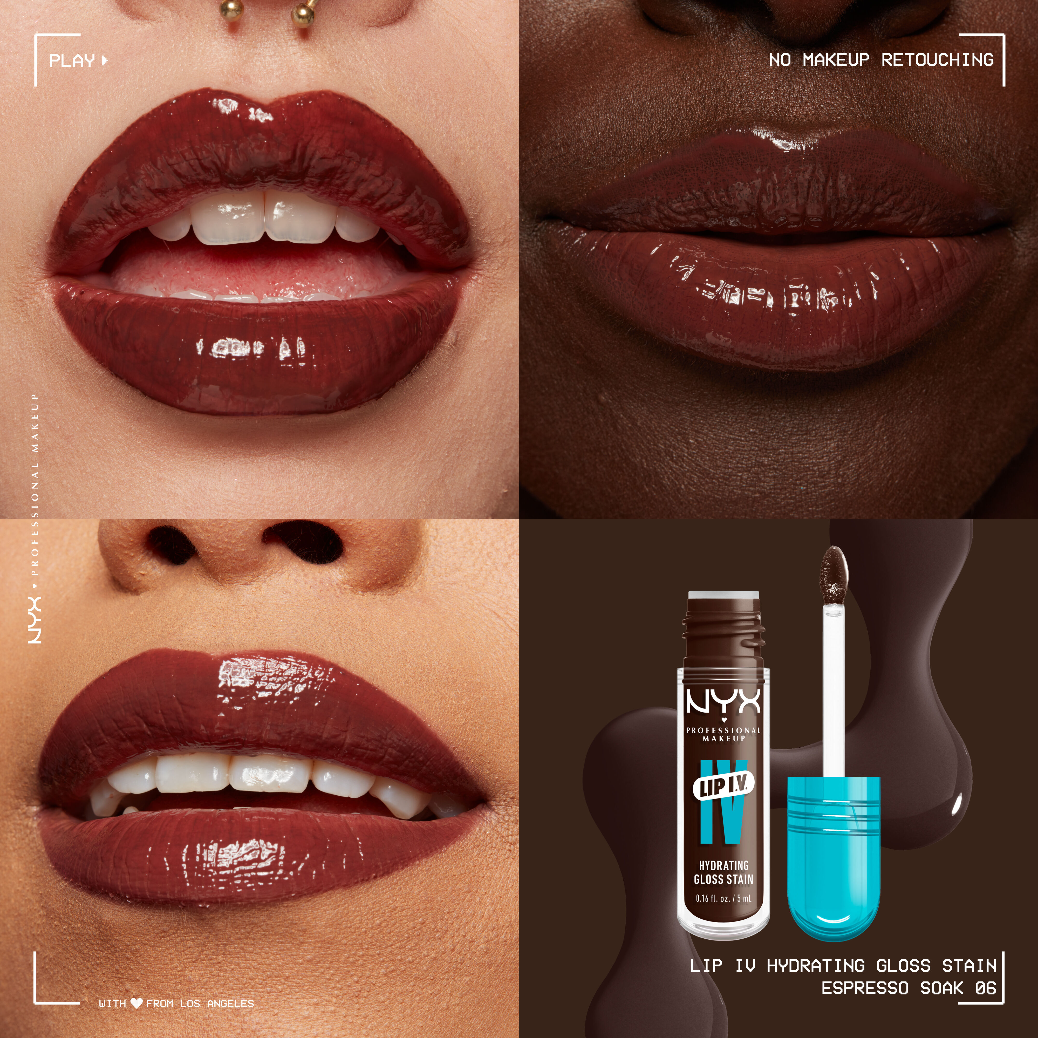 Lip I.V. Hydrating Lip Stain Gloss on three different skin tones