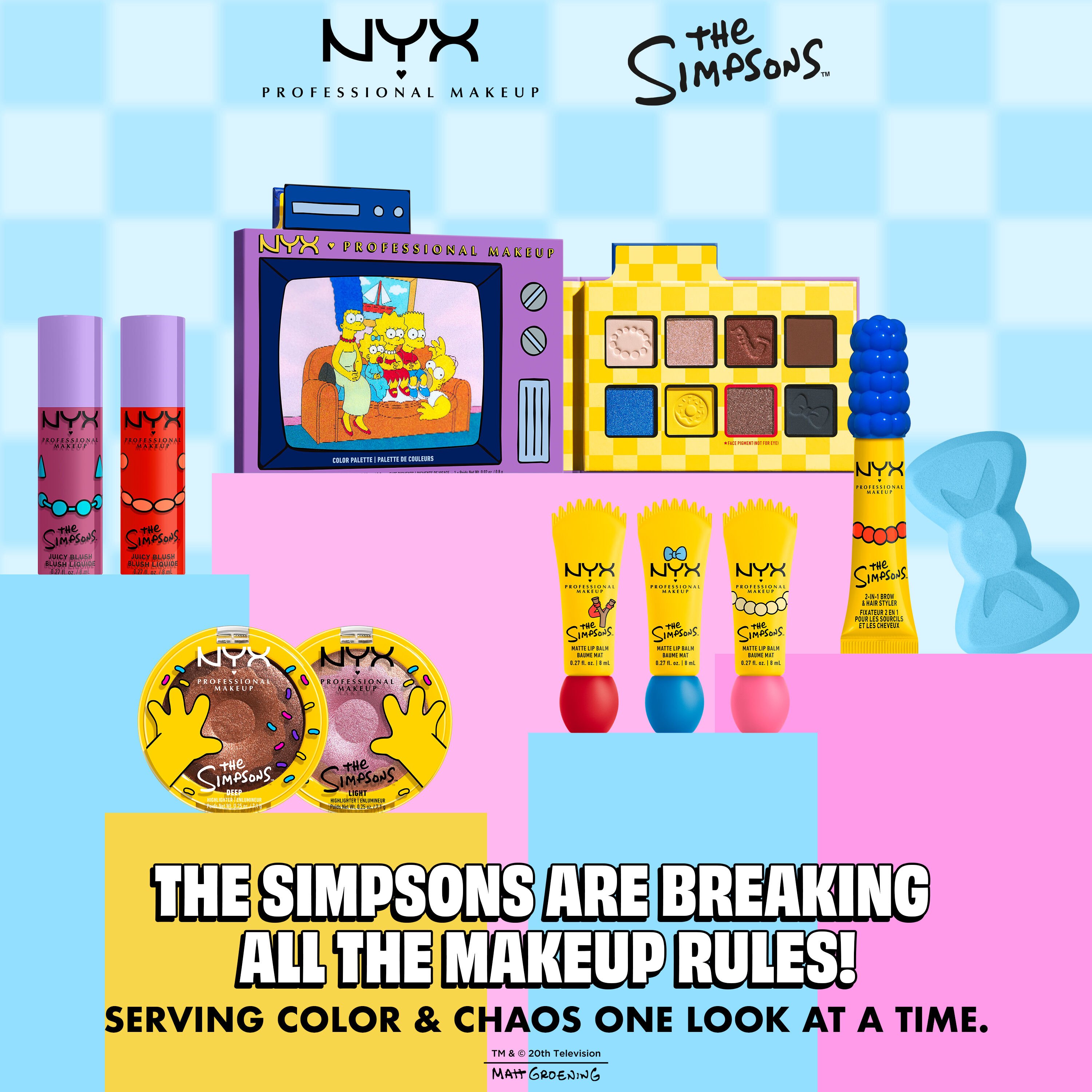 NYX Professional Makeup The Simpsons collection overview featuring multiple makeup products and colorful packaging on a pink and blue background.