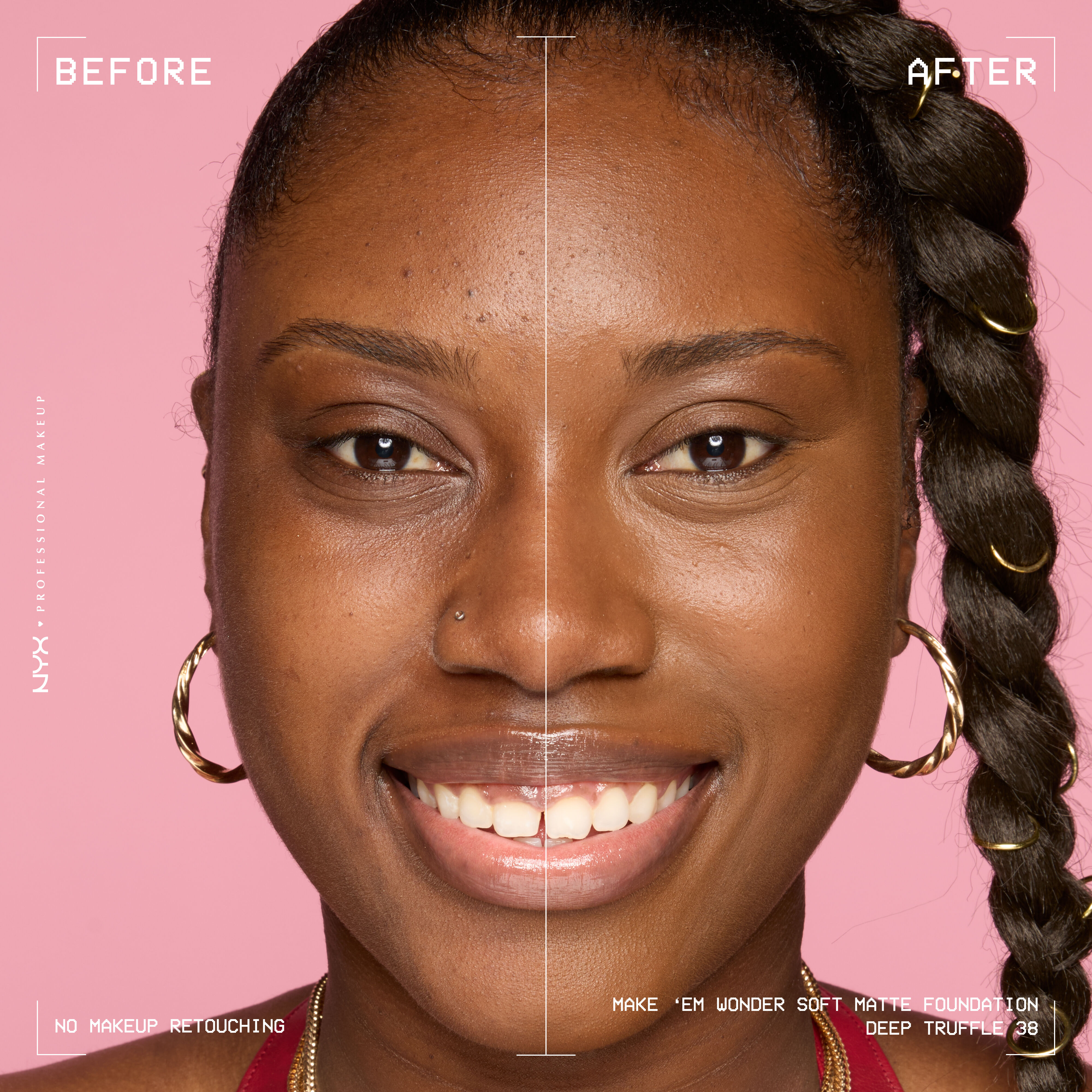 Before-and-after model wearing NYX Make ’Em Wonder Foundation shade 38 Deep Truffle, text overlay “Before / After.”