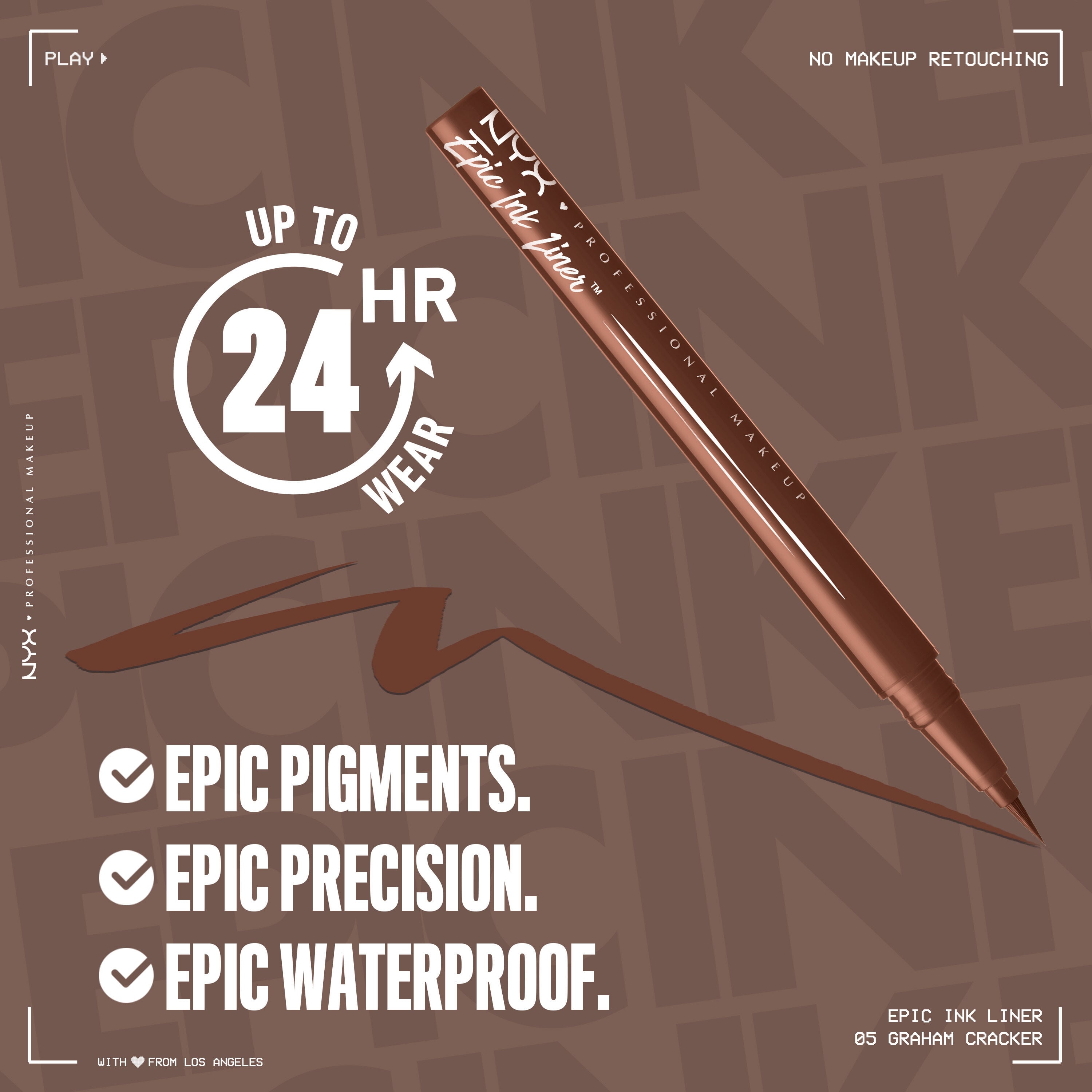 Epic Ink Liner Pen in light brown with text saying "Up to 24 HR wear. Epic Pigments. Epic Precision. Epic Waterproof"