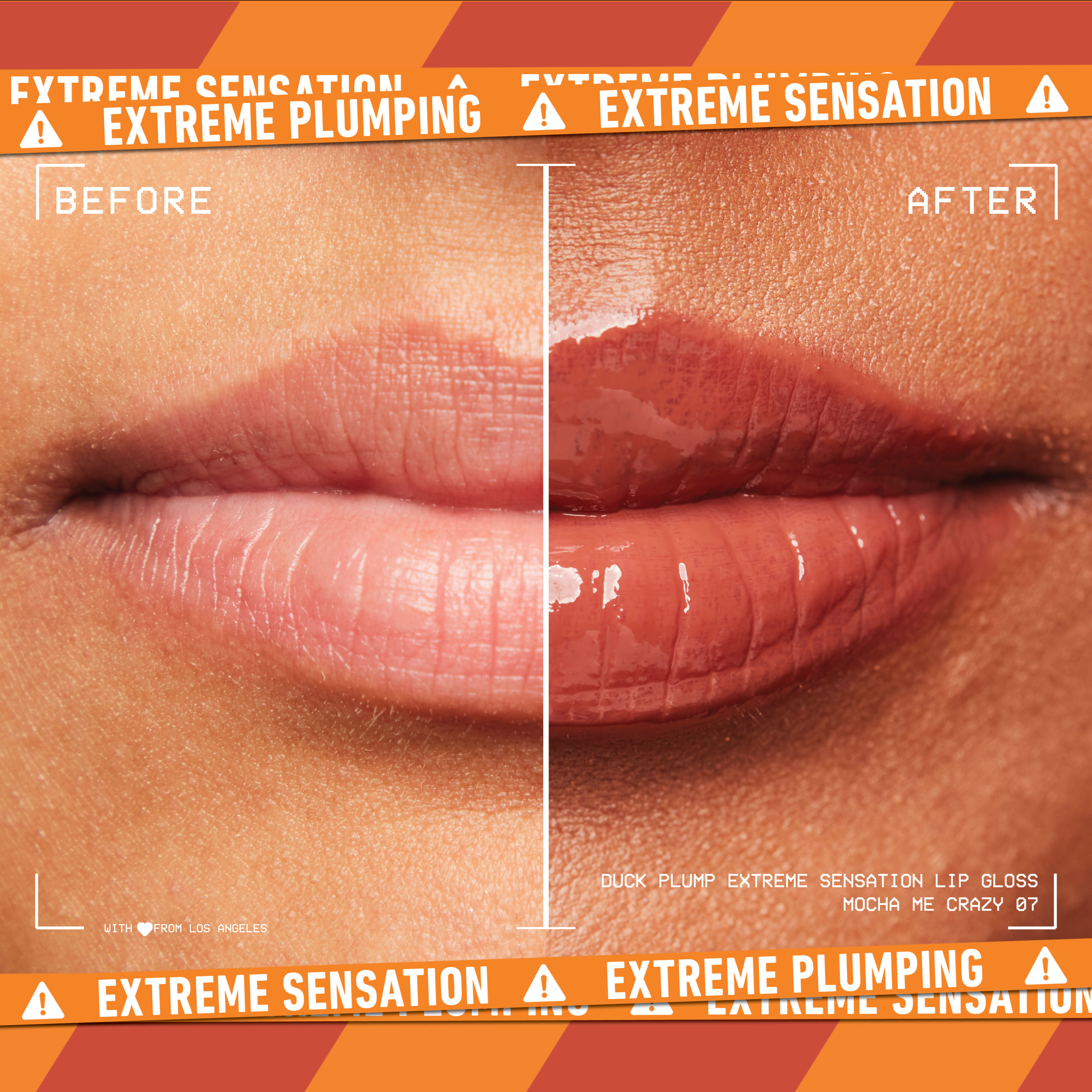 before and after image of lips with Duck Plump Lip Plumping Gloss