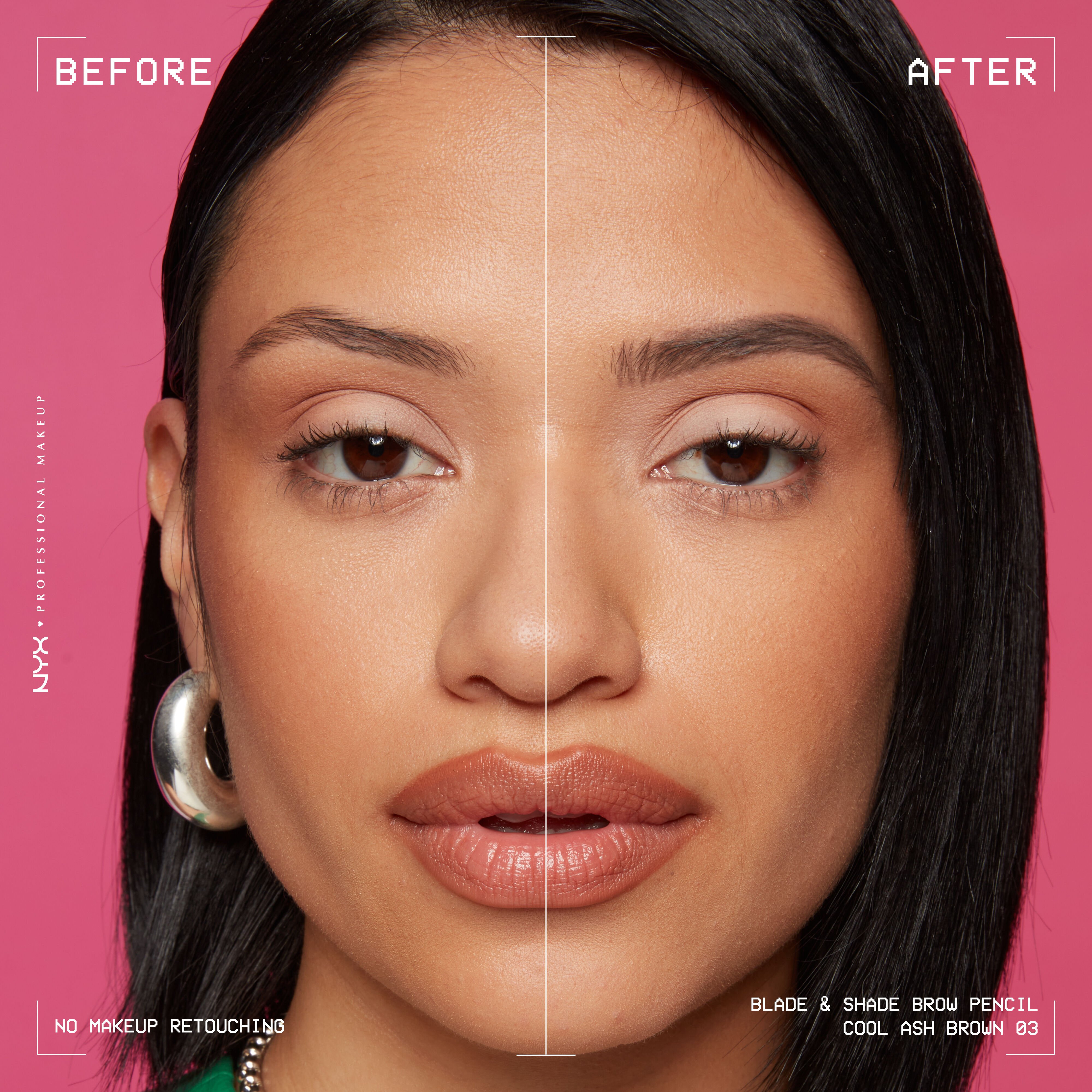 woman facing forward showing before and after of Blade & Shade Nano Brow Pencil on eyebrows