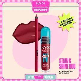 NYX Professional Makeup Line Loud Lip Liner in 12 On A Mission and Lip I.V. Hydrating Lip Gloss Stain shown in a stylized packshot with lip graphic and product packaging.