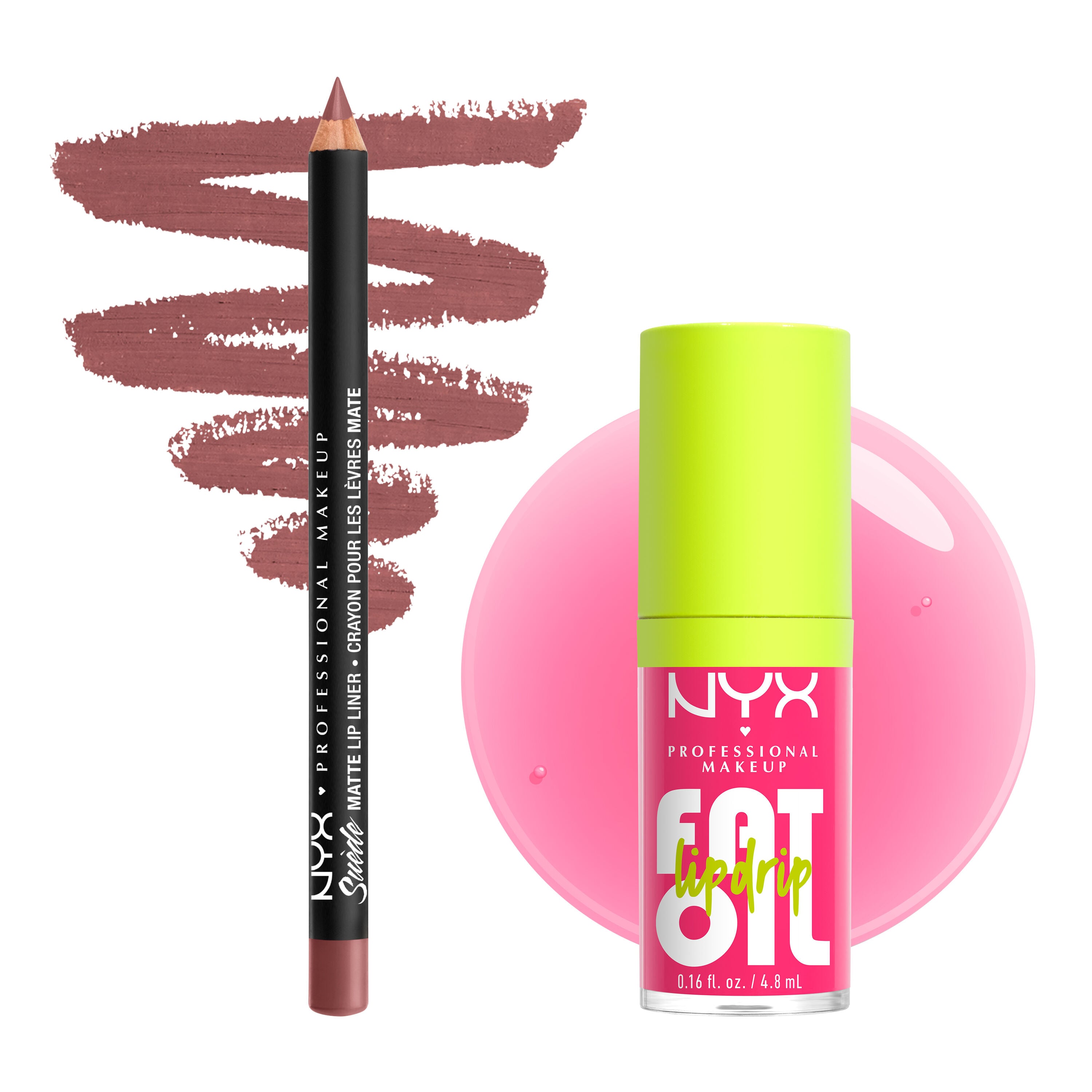 NYX Professional Makeup Suede Matte Lip Liner in 25 Whipped Caviar and Fat Oil Lip Drip in 02 Missed Call shown with matching lip swatches on a white background.