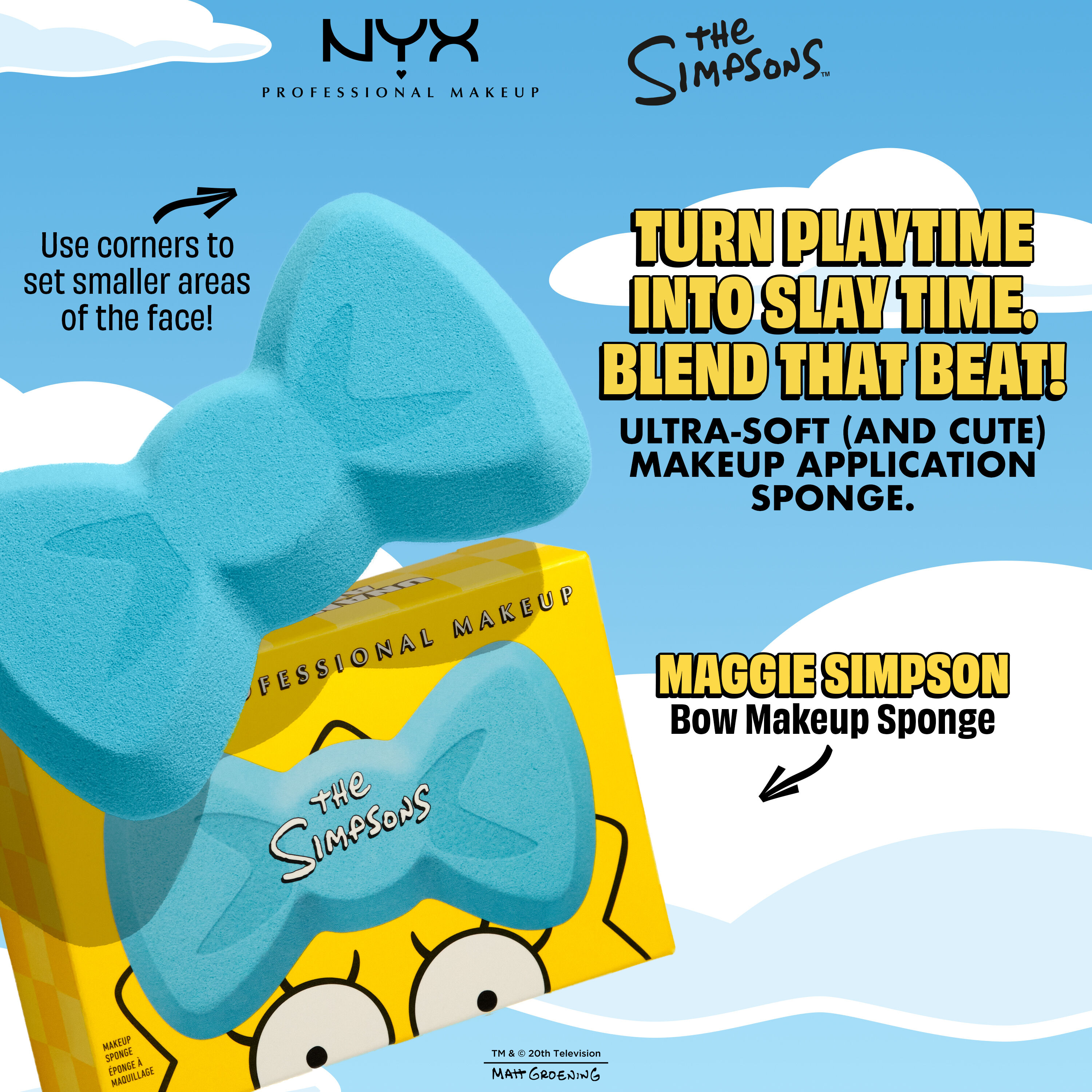 NYX Maggie Simpson Bow Makeup Sponge packshot with product benefit text and blue bow sponge on a blue background.