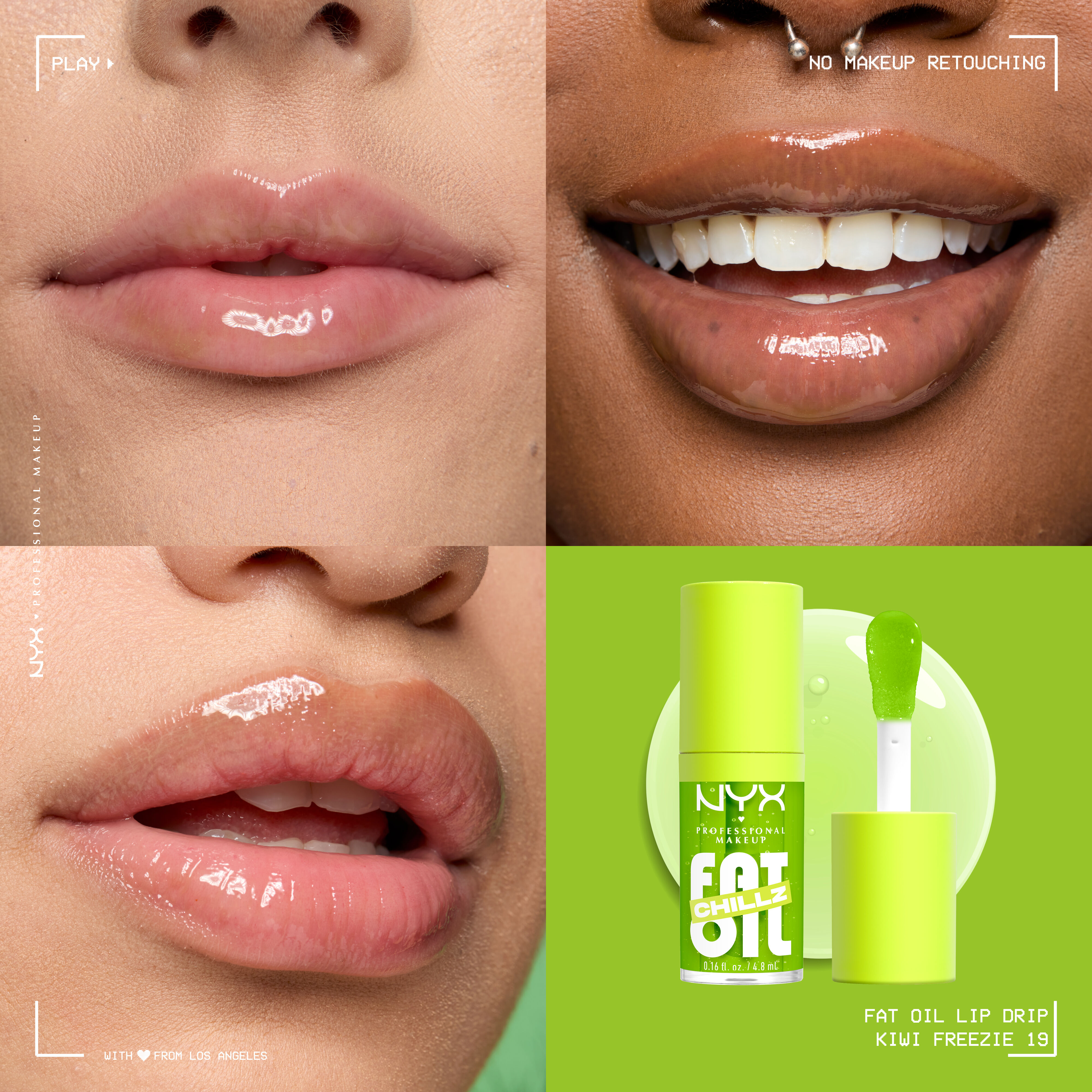 Fat Oil Chillz Lip Drip Lip Oil in shade Kiwi Freezie on three different skin tones