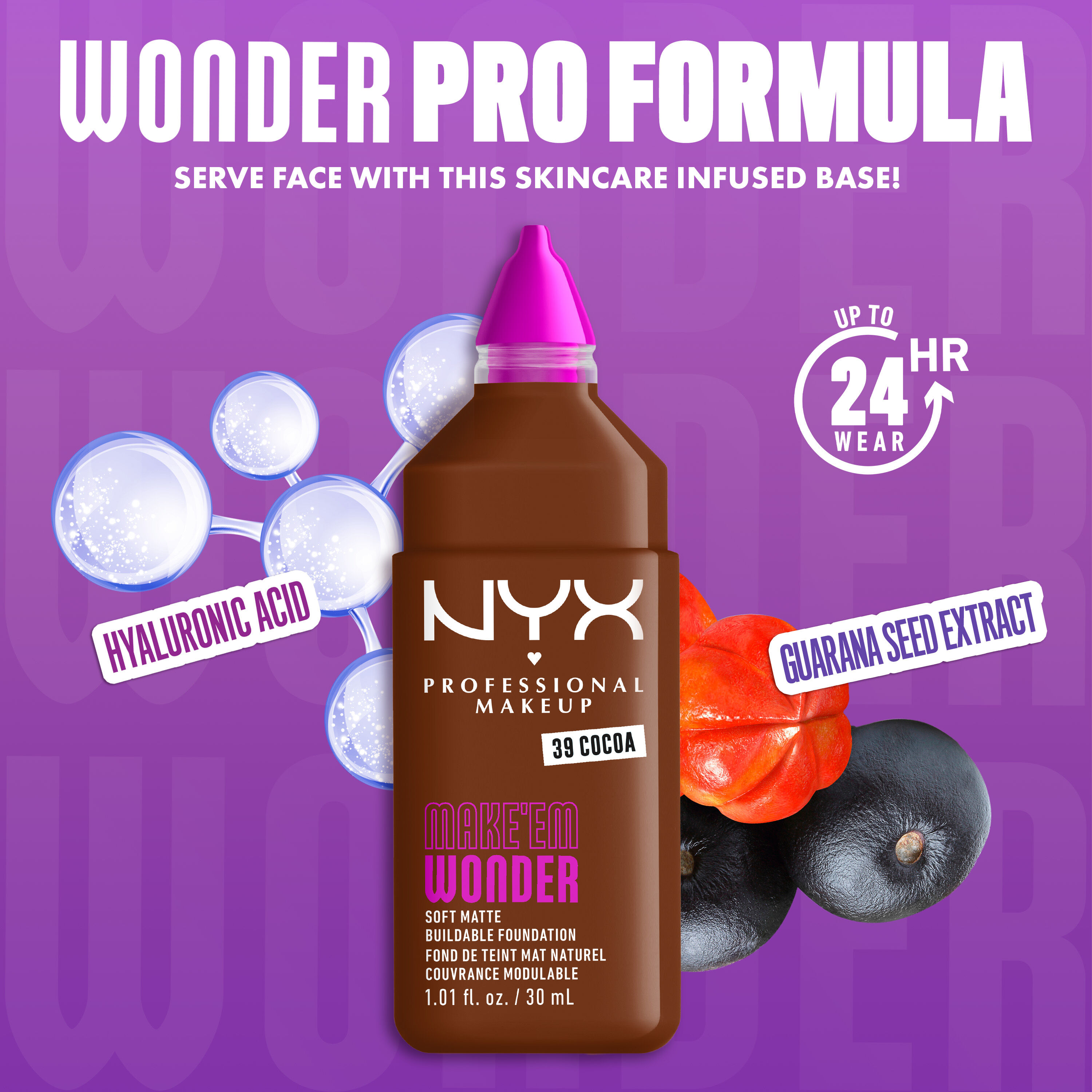NYX Make ’Em Wonder Foundation shade 39 Cocoa with text overlay “Wonder Pro Formula,” featuring hyaluronic acid and guarana seed extract.