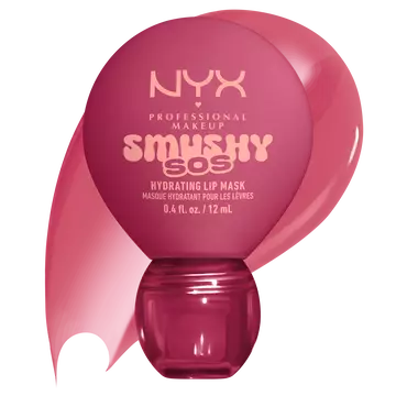 NYX Professional Makeup Smushy SOS Up to 12-Hour Hydrating Tinted Lip Treatment in Rose Recharge with glossy texture swatch