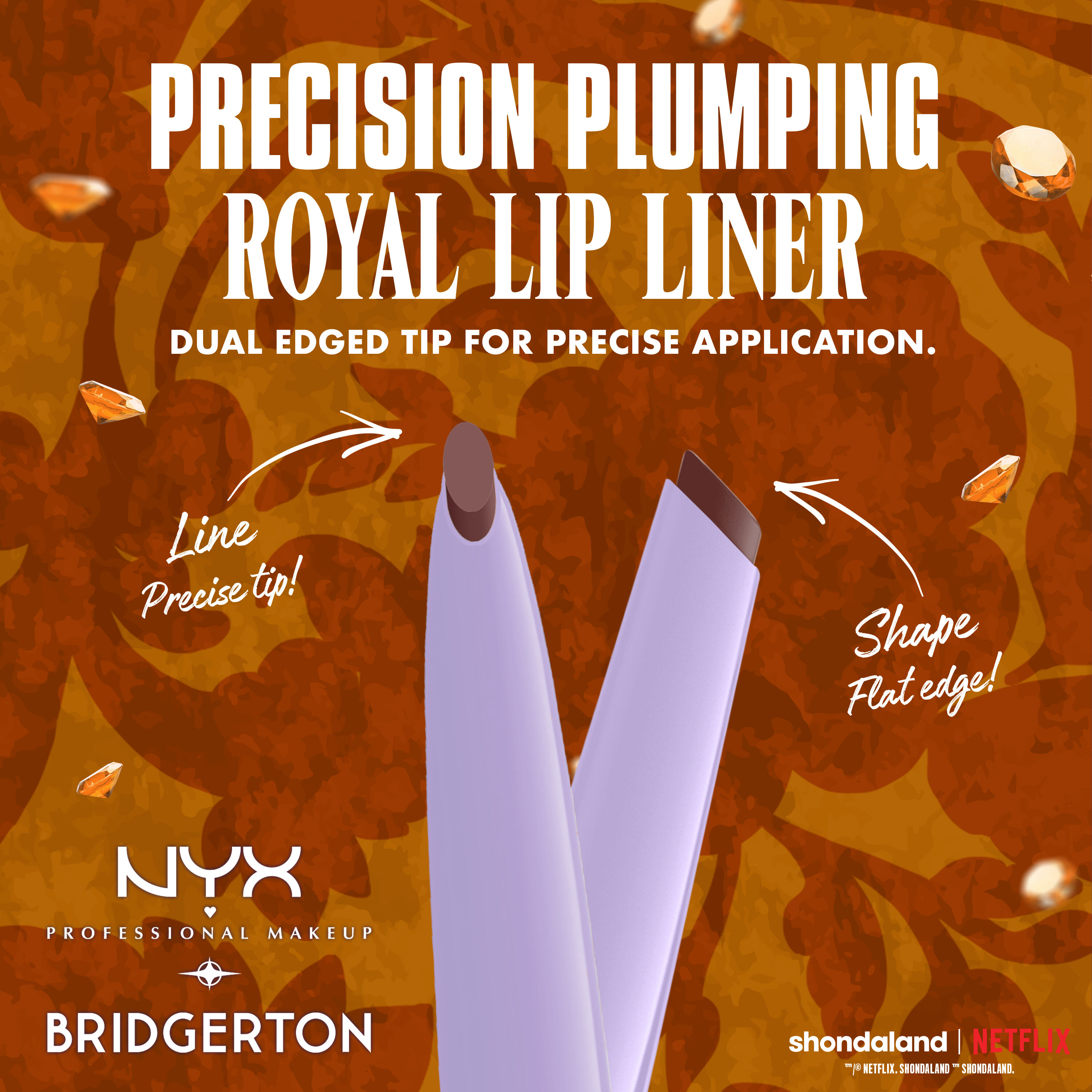NYX Precision Duck Plump Plumping Royal Lip Liner shown with dual-ended tips, featuring benefits for precise application and shaping in shade Pout And About, Toffee Temptation