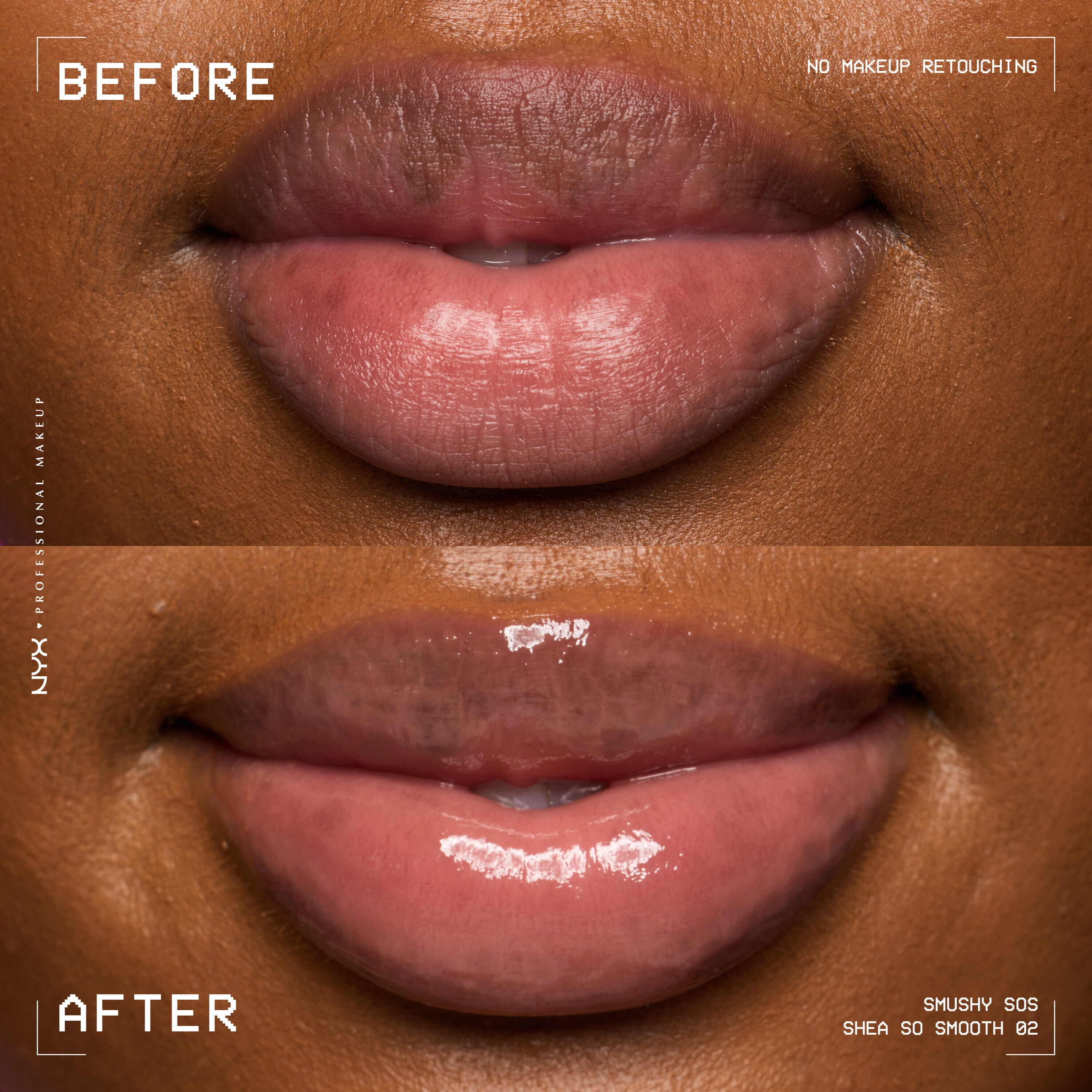Before and after of dry lips vs glossy hydrated lips with NYX Professional Makeup Smushy SOS lip mask in Shea So Smooth