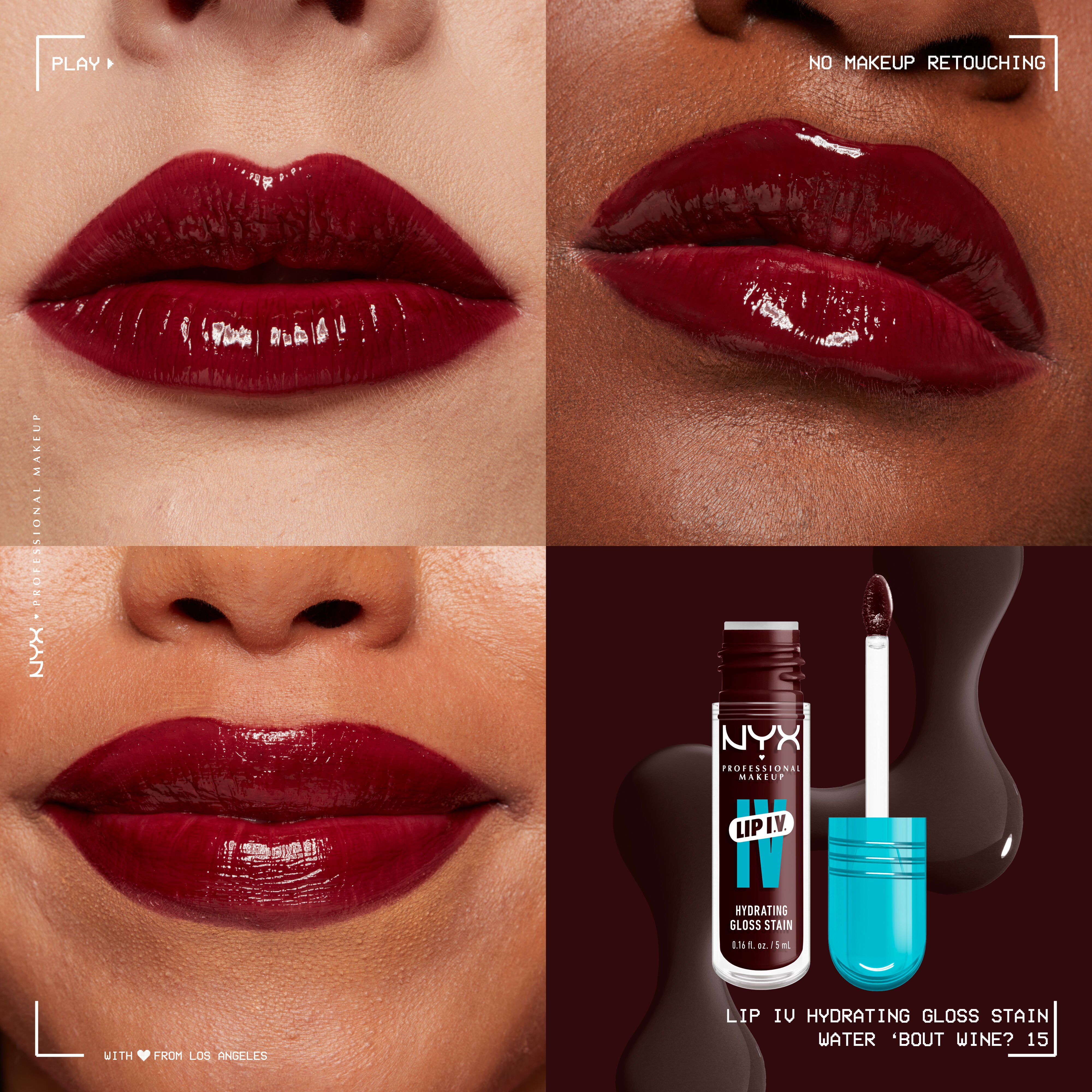 Lip I.V. Hydrating Lip Stain Gloss on three different skin tones