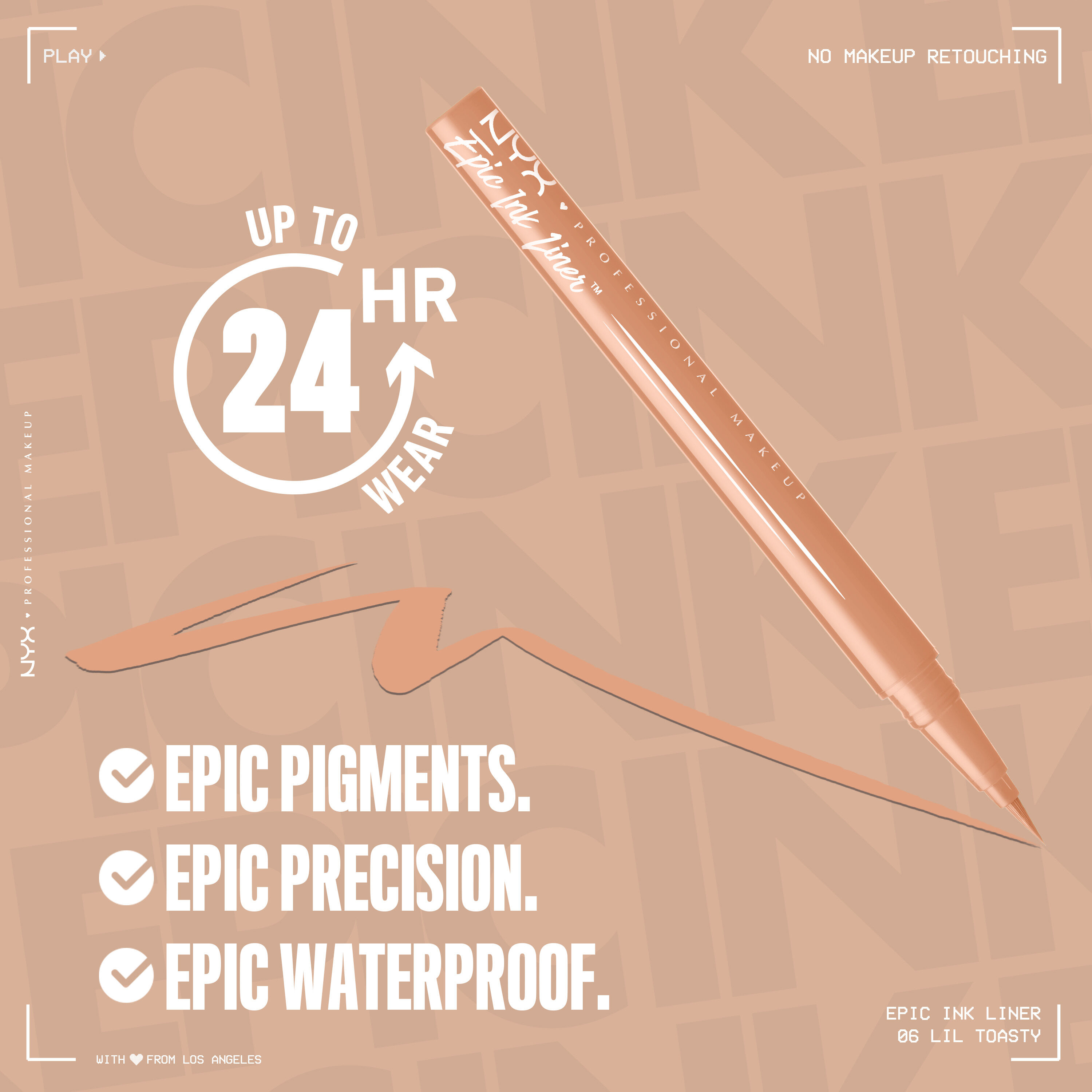 Epic Ink Liner Pen in ivory beige with text saying "Up to 24 HR wear. Epic Pigments. Epic Precision. Epic Waterproof"