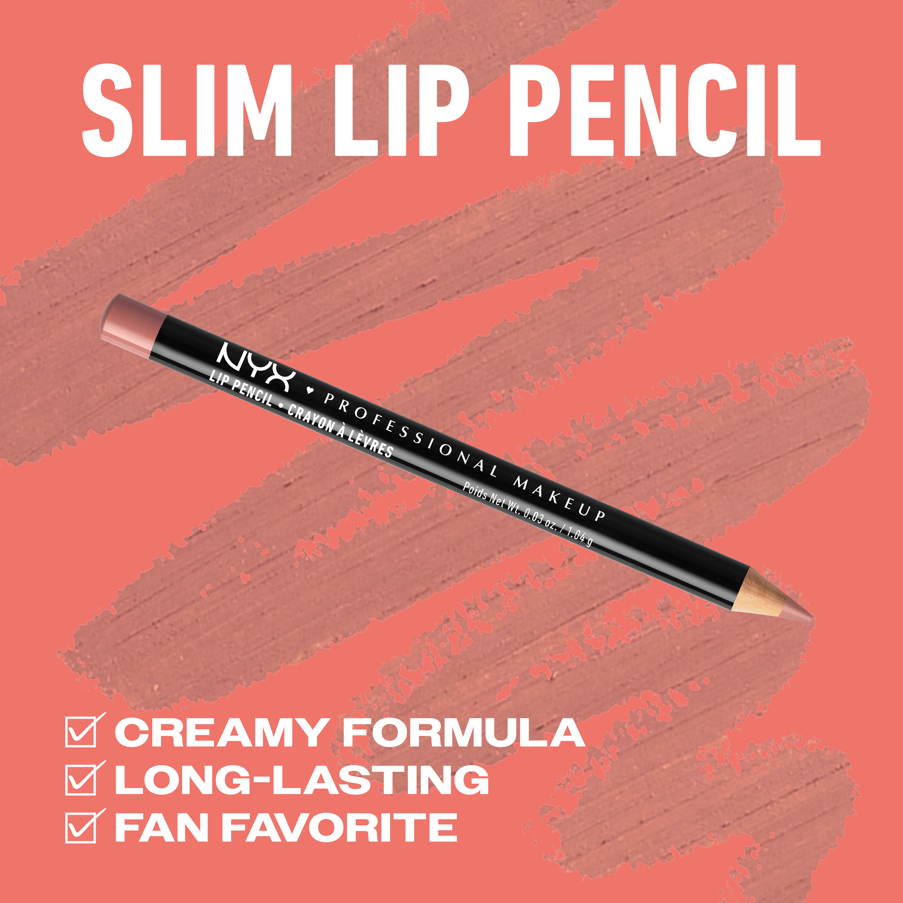 NYX Professional Makeup Slim Lip Pencil in 858 Nude Pink shown with creamy formula, long-lasting wear and fan favorite benefits on a coral background.