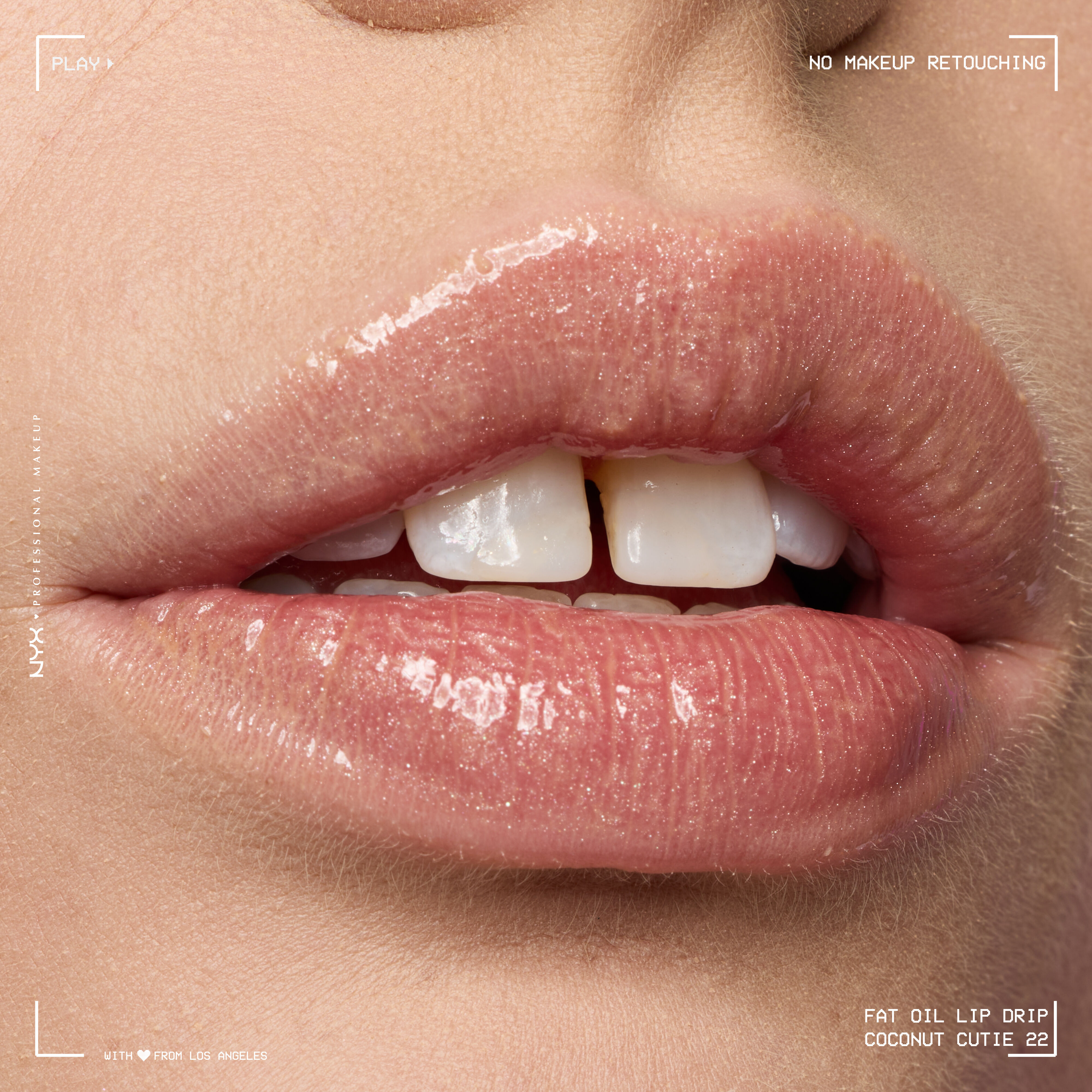 Close-up of model with fair skin tone with Fat Oil Lip Drip in Coconut Cutie applied on lips, showing sheer glossy finish with high-shine and hydrated natural look.