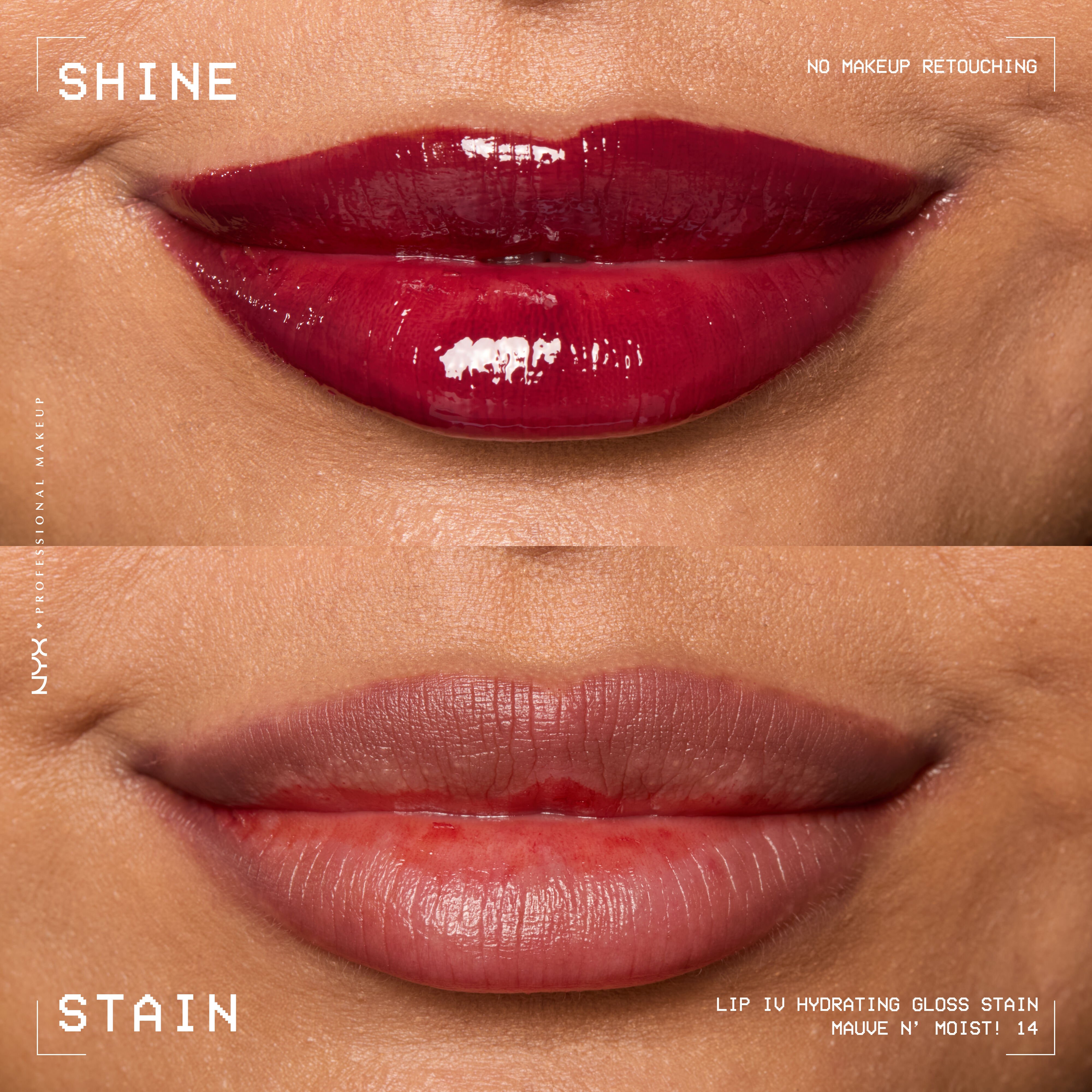 comparison of lips when glossy from Lip I.V. Hydrating Lip Stain vs after staining labeled “Shine” and “Stain”