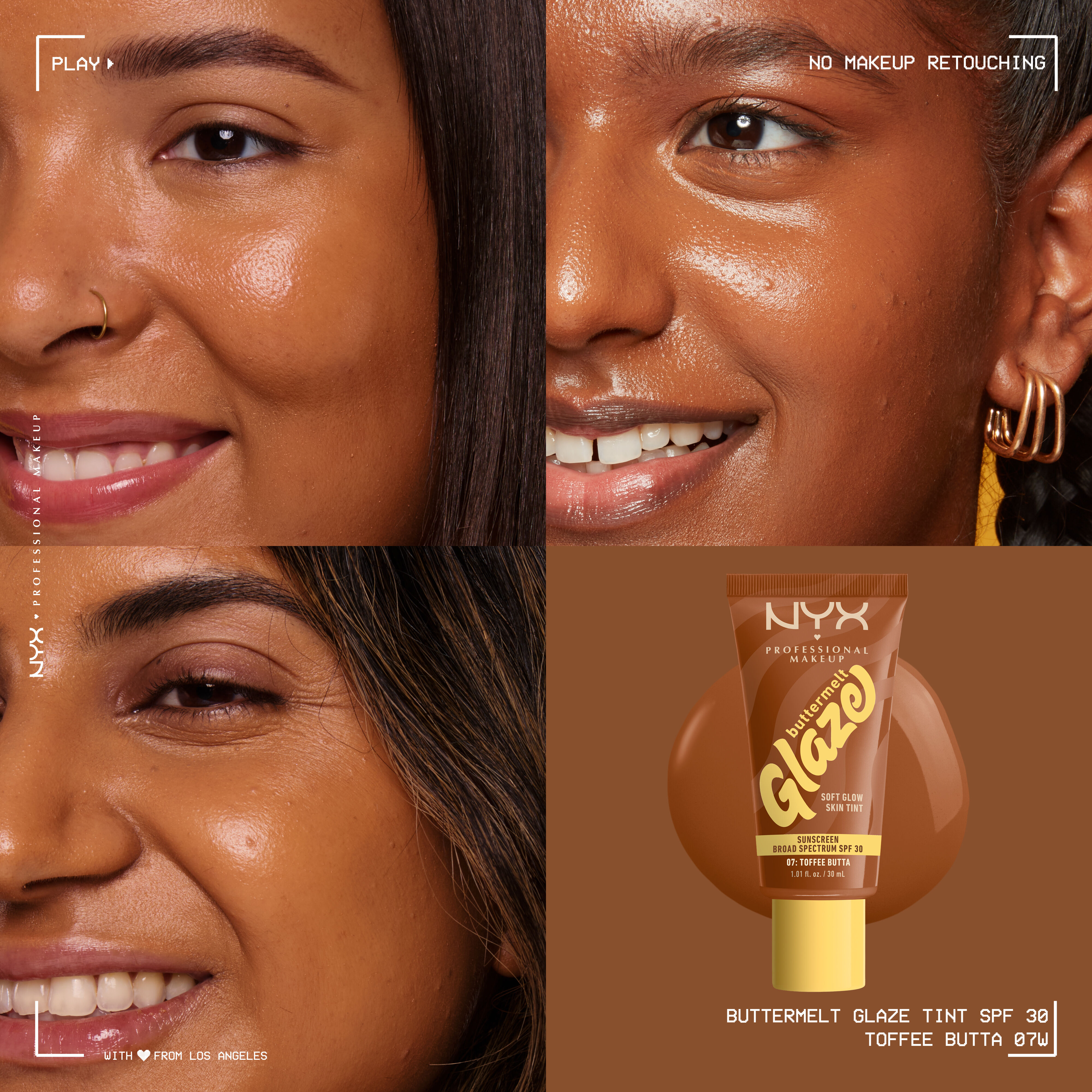 closeups of three models wearing Buttermelt Glaze Skin Tint with SPF 30 with bottle
