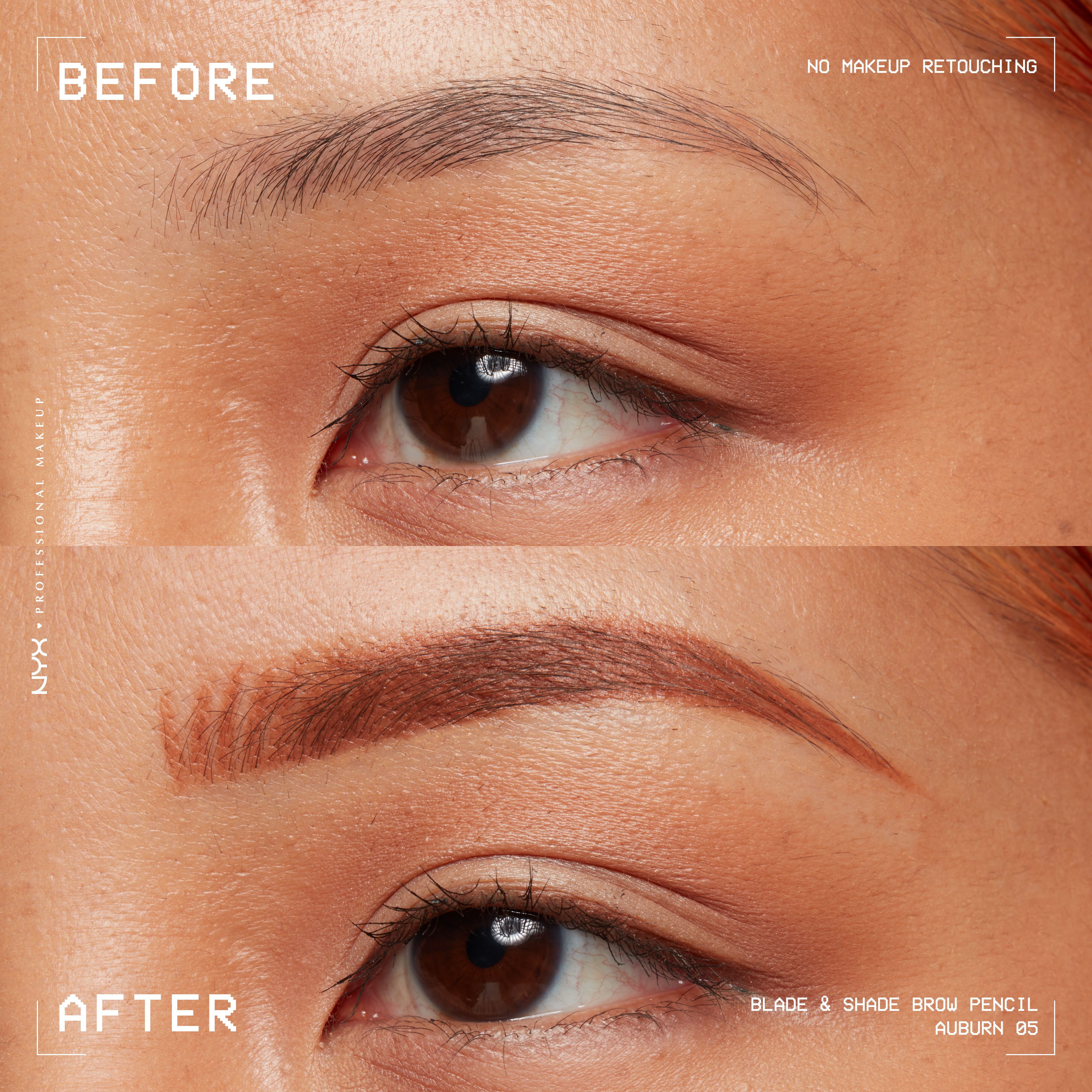 closeup before and after of Blade & Shade Nano Brow Pencil on light brown eyebrow