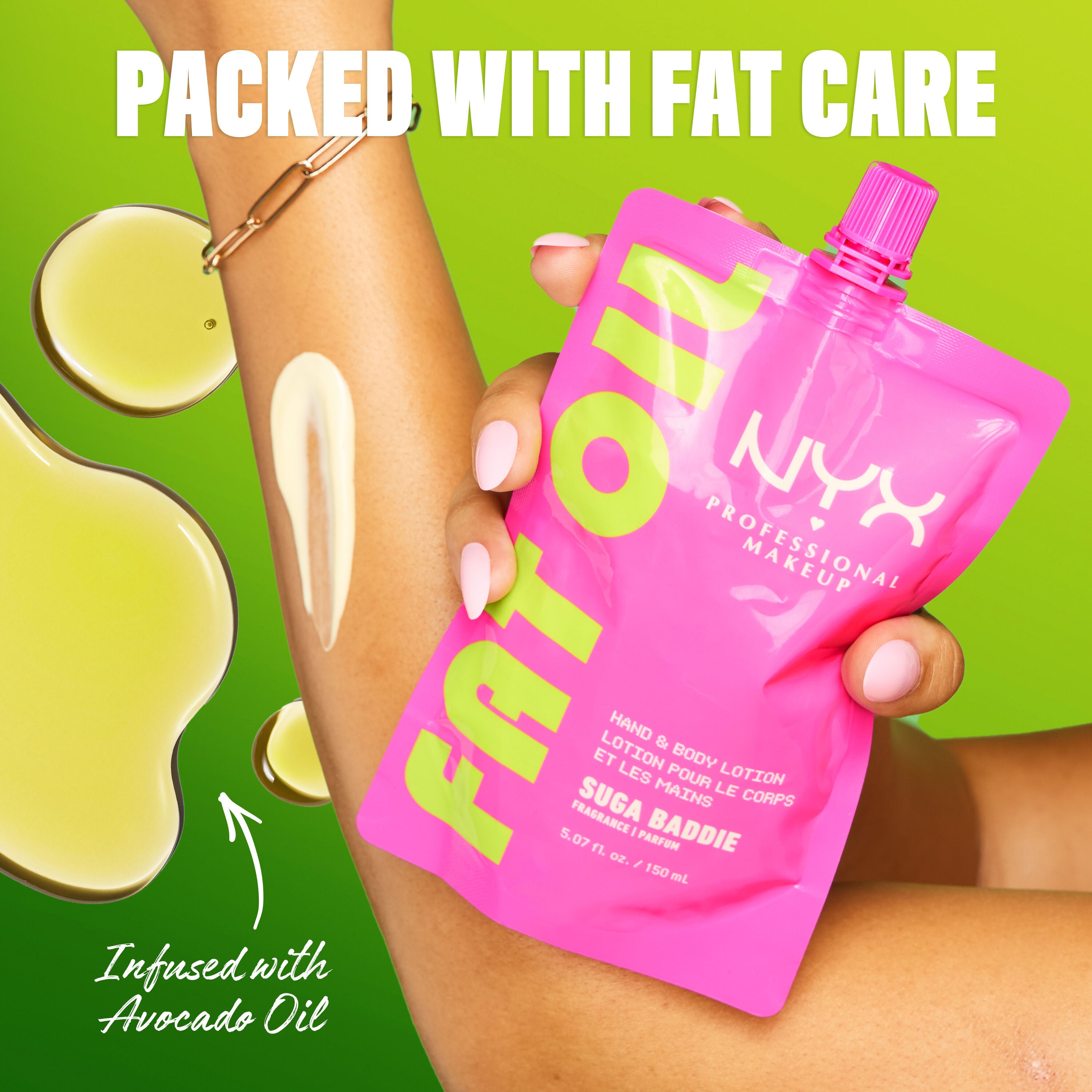 NYX Professional Makeup Fat Oil hand and body lotion in Suga Baddie applied to arm, showing creamy texture infused with avocado oil for hydrated skin.